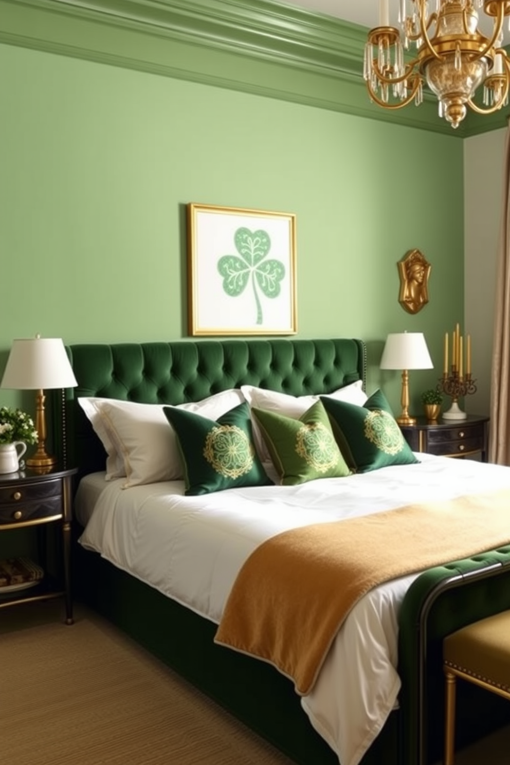 A cozy bedroom adorned with green throw pillows on the bed. The pillows feature various textures and patterns, adding depth and comfort to the space. The room is decorated with subtle St. Patrick's Day accents, including shamrock-themed artwork on the walls. Soft lighting creates a warm and inviting atmosphere, perfect for celebrating the holiday.