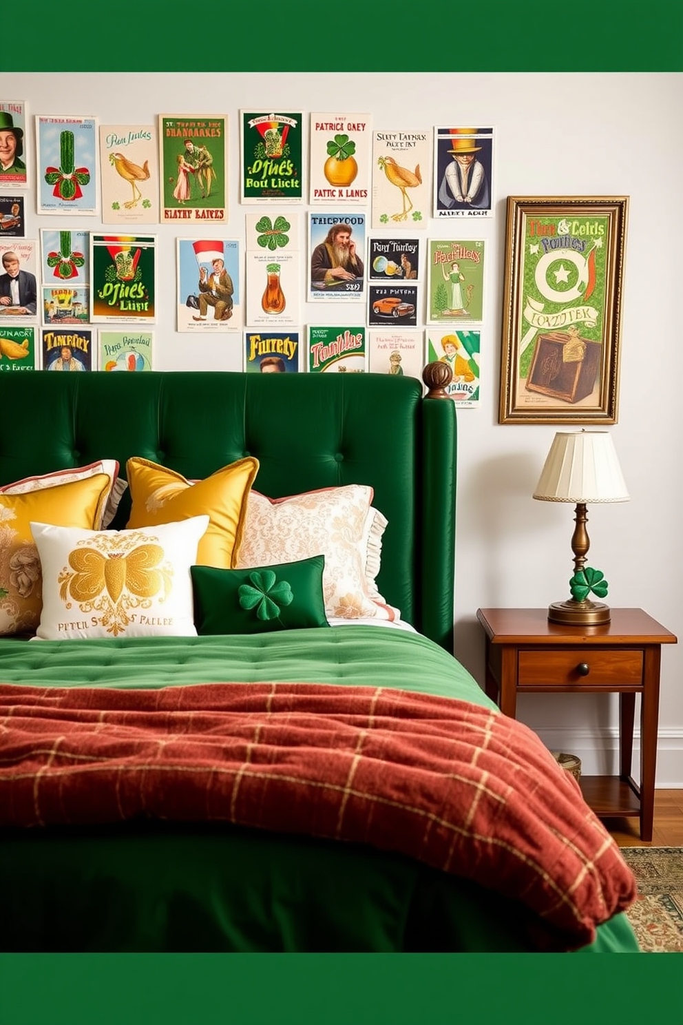 A cozy bedroom adorned with vintage Irish decor on the shelves. The shelves are filled with charming trinkets, including delicate porcelain figurines and traditional Irish pottery. Soft green and gold accents are used throughout the room to celebrate St. Patrick's Day. A plush throw blanket drapes over the bed, and a small shamrock plant sits on the nightstand, adding a festive touch.