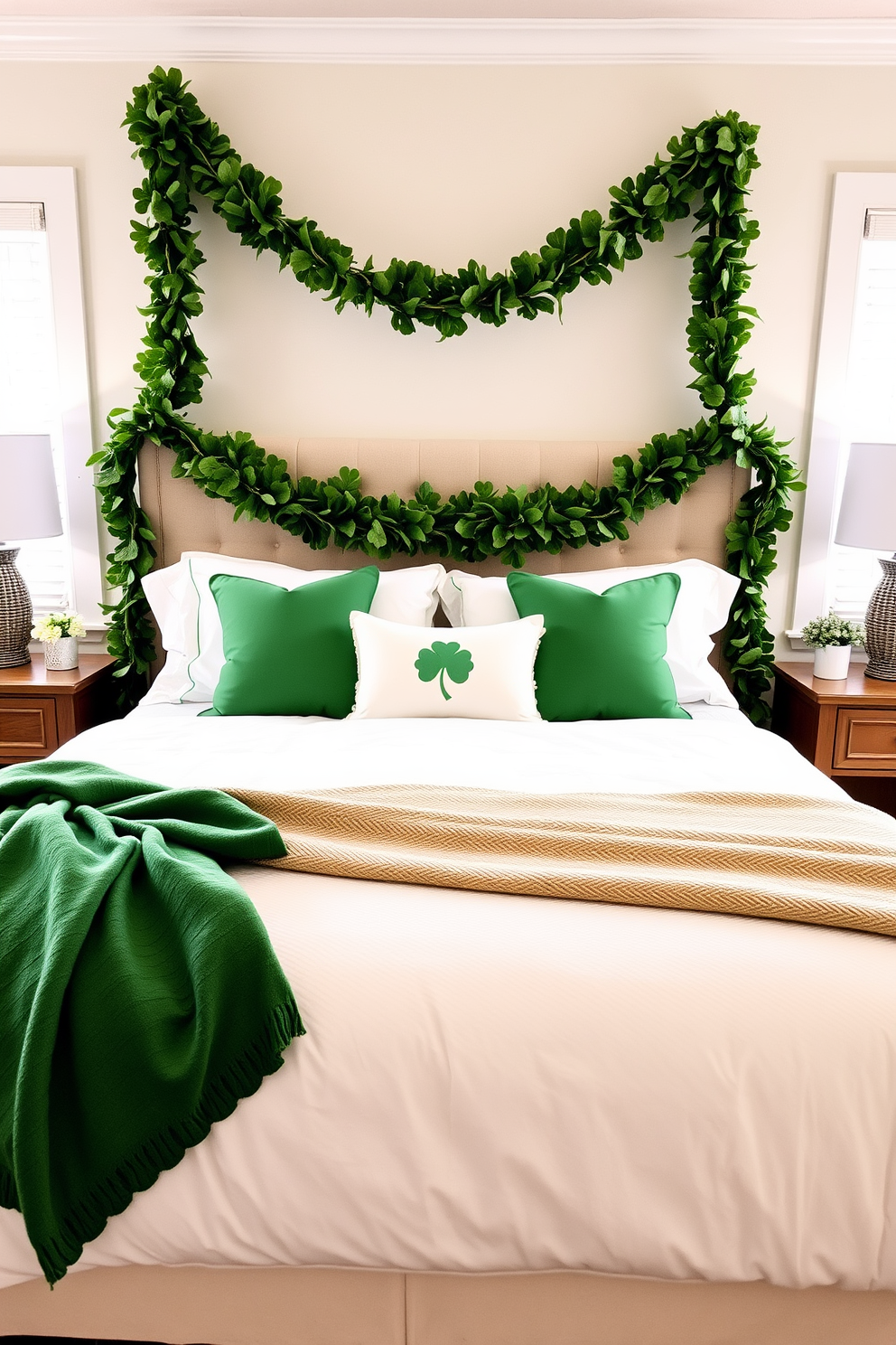 A cozy bedroom adorned for St. Patrick's Day features charming leprechaun figurines perched on each nightstand. The room is filled with green accents and festive decor, creating a warm and inviting atmosphere.