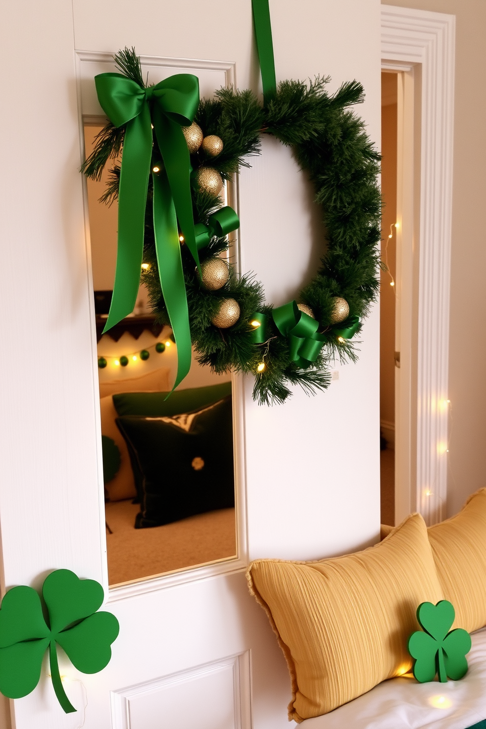 A cozy bedroom adorned with colorful rainbow throw blankets draped across a plush bed. The room features soft pastel walls and a whimsical St. Patrick's Day theme with green accents and decorations throughout.