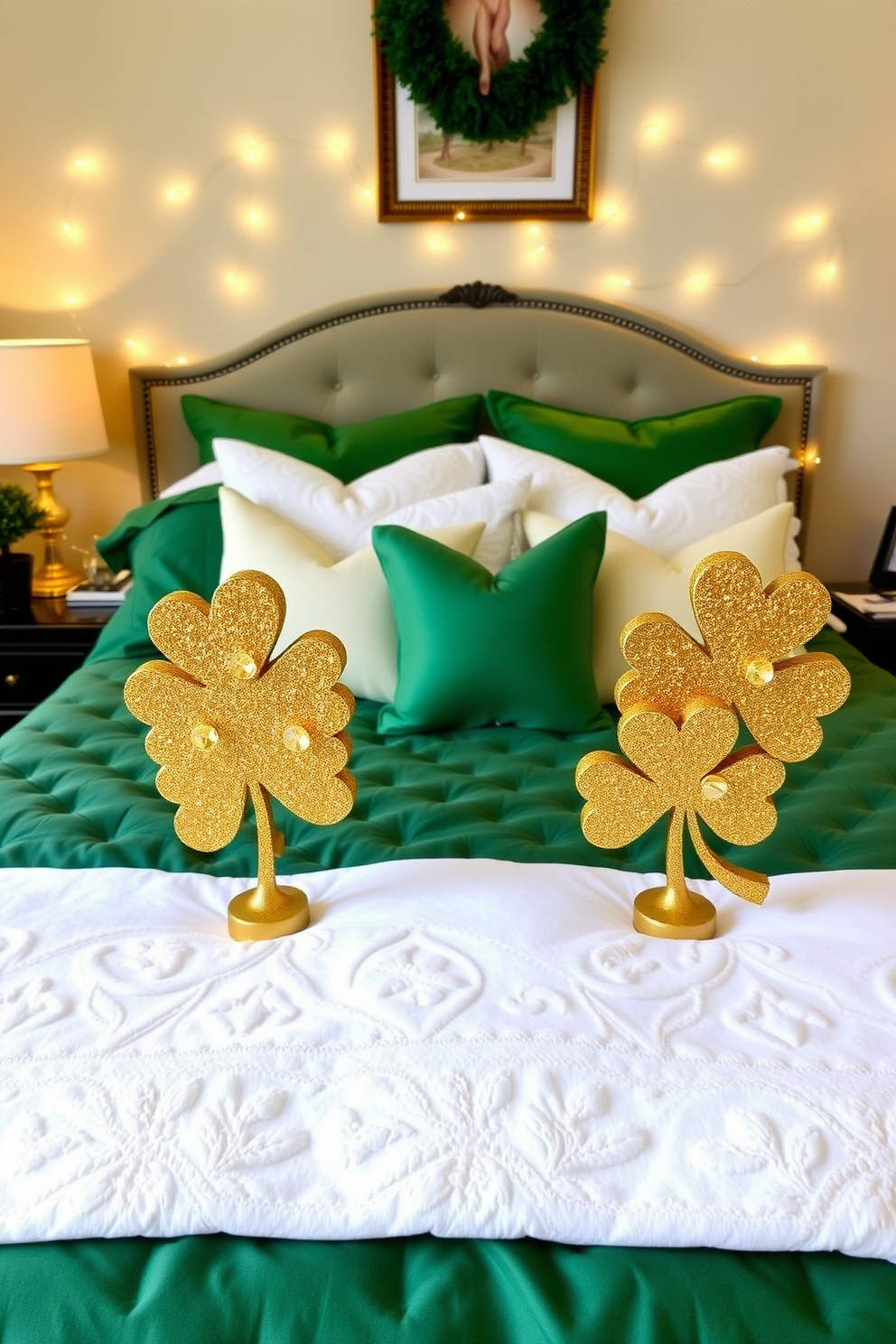 A cozy bedroom adorned for St. Patrick's Day features DIY wall hangings made from green and gold fabrics. The hangings showcase shamrocks and festive patterns, creating a cheerful atmosphere. The bed is dressed in crisp white linens with a green throw blanket draped across the foot. Decorative pillows in shades of green and gold add a touch of holiday spirit to the space.