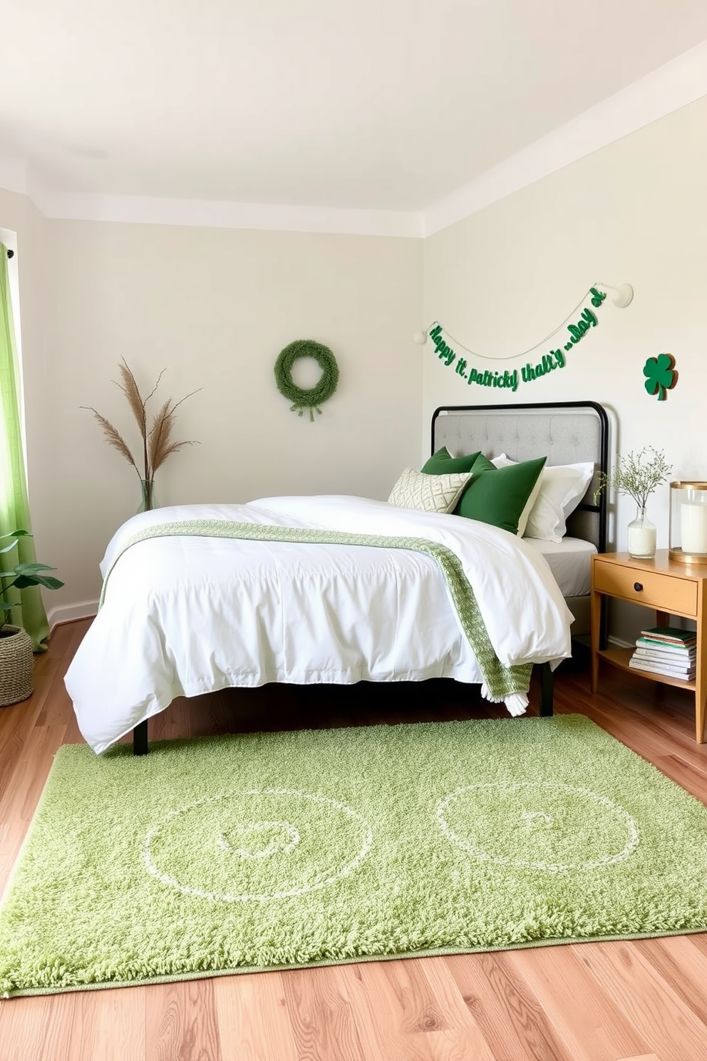 A serene bedroom featuring decor items that incorporate intricate Celtic knot designs. The bedding is adorned with subtle patterns, and decorative pillows showcase vibrant green hues to celebrate St. Patrick's Day. On the nightstands, small accents like candle holders and picture frames exhibit elegant Celtic motifs. Soft lighting enhances the cozy atmosphere, creating a perfect space for relaxation and festive cheer.