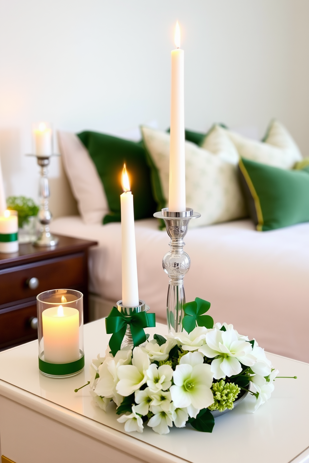 Floral arrangements featuring lush green hues fill the room, creating a vibrant and refreshing atmosphere. The carefully curated blooms are artfully arranged in elegant vases that complement the overall decor. The bedroom is transformed with St. Patrick's Day decorating ideas, incorporating touches of green and gold throughout the space. Shamrock-themed accents and cozy textiles enhance the festive spirit while maintaining a sophisticated ambiance.