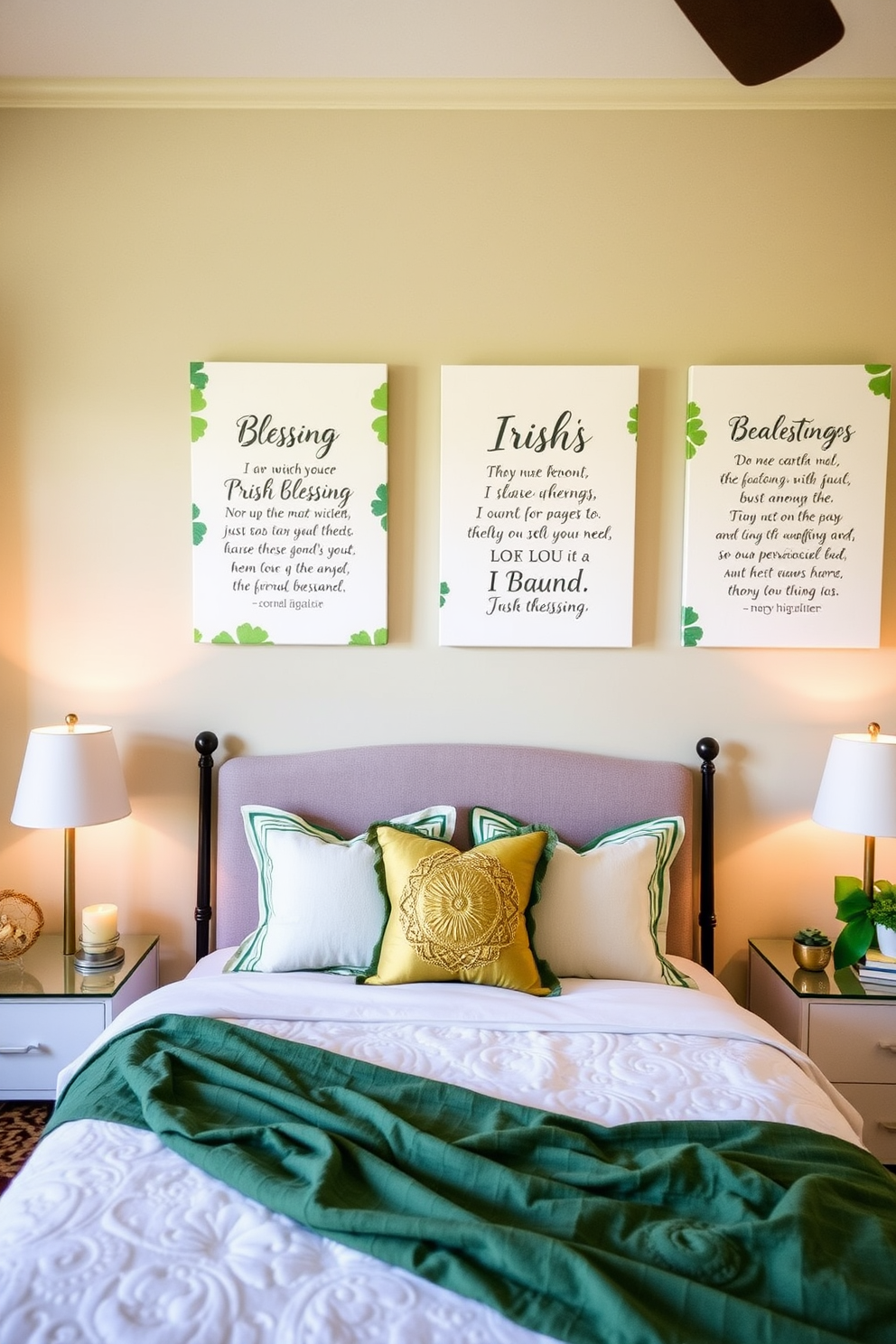 A cozy bedroom adorned with St. Patrick's Day themed decorations. On the bedside table, there are three green candles shaped like shamrocks, casting a warm glow throughout the room. The bedding features a playful pattern of leprechauns and four-leaf clovers. Soft green and gold accents are scattered throughout, including throw pillows and a cozy blanket draped over the chair.