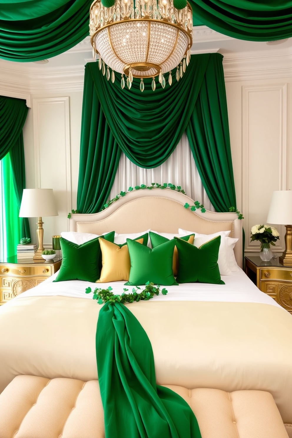 Create a cozy bedroom setting for St. Patrick's Day featuring accent pillows adorned with festive patterns. The bed is dressed in crisp white linens, and the pillows showcase a mix of green, gold, and shamrock designs, adding a cheerful touch to the space.