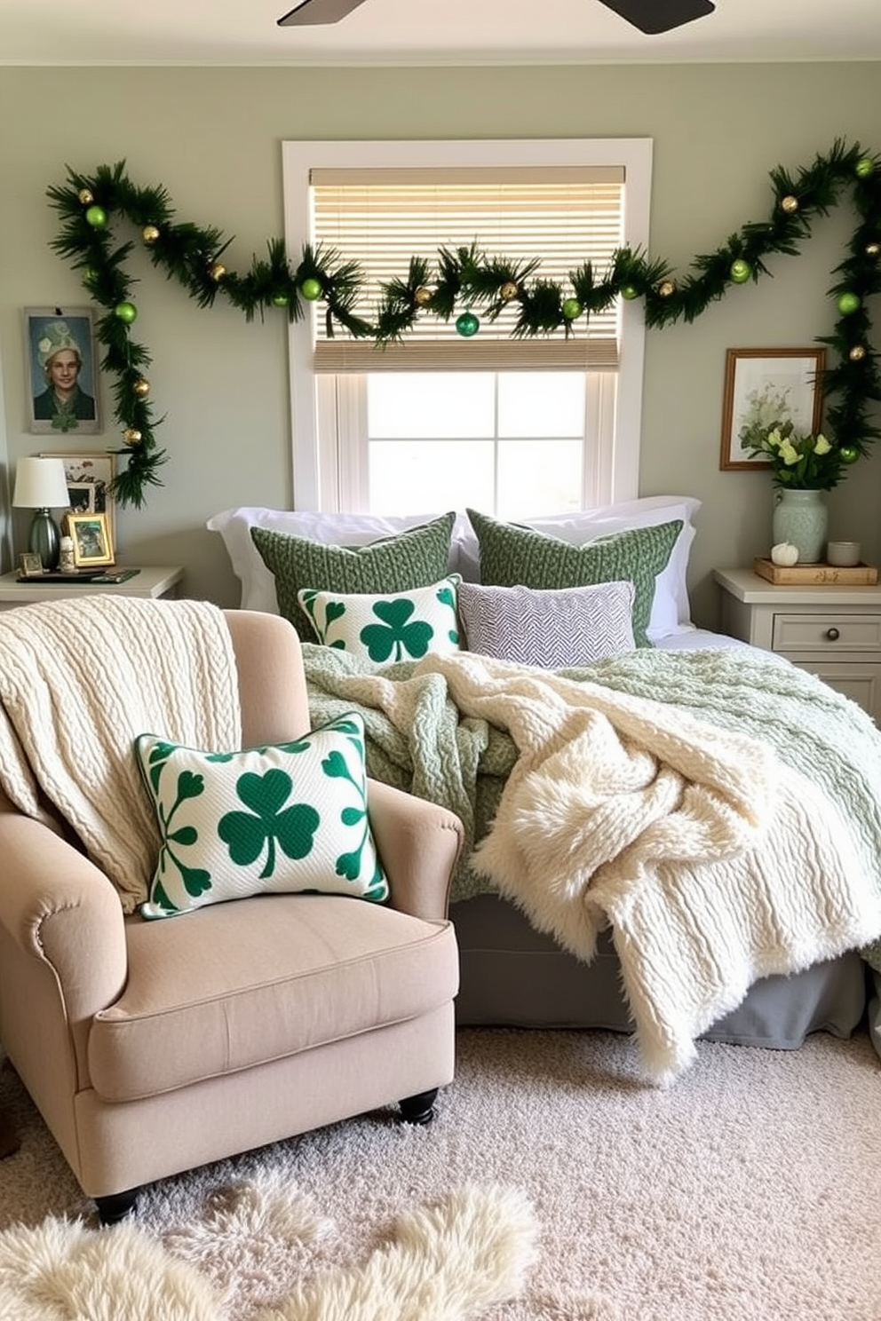 Create a cozy bedroom setting decorated for St. Patrick's Day. The walls are adorned with banners featuring vibrant shamrocks and colorful rainbows, enhancing the festive atmosphere. A plush green bedspread covers the bed, complemented by pillows in various shades of green and gold. A small table beside the bed holds a decorative pot of gold and a whimsical leprechaun figurine.