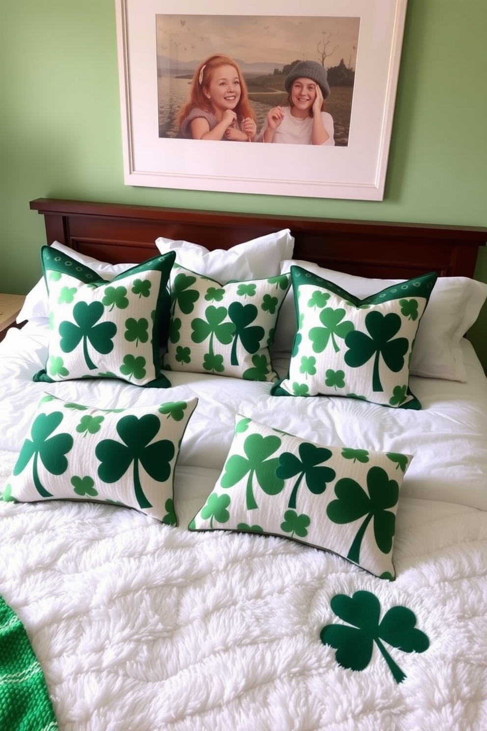 A charming bedroom adorned with a shamrock garland elegantly draped across the headboard. The walls are painted in a soft cream color, and the bedding features a mix of green and white patterns to celebrate St. Patrick's Day.