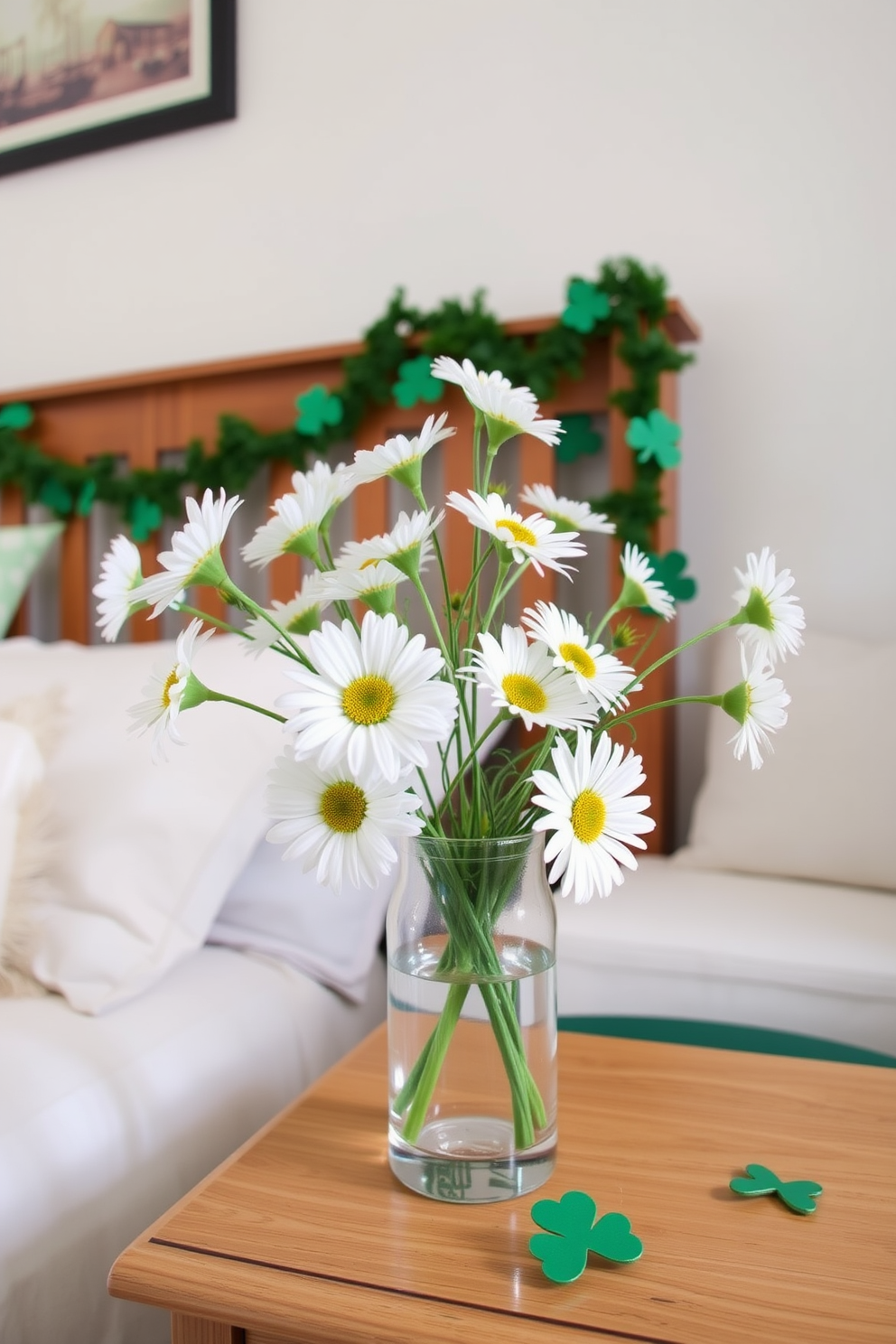 A cozy bedroom adorned with charming fairy lights inside glass jars creates a warm and inviting atmosphere. The soft glow of the lights complements the green and gold accents inspired by St. Patrick's Day, enhancing the festive decor. The bed is draped with a plush white comforter, while shamrock-patterned throw pillows add a playful touch. A small wooden nightstand holds a jar of fairy lights, casting a gentle light across the room, perfect for a relaxing evening.