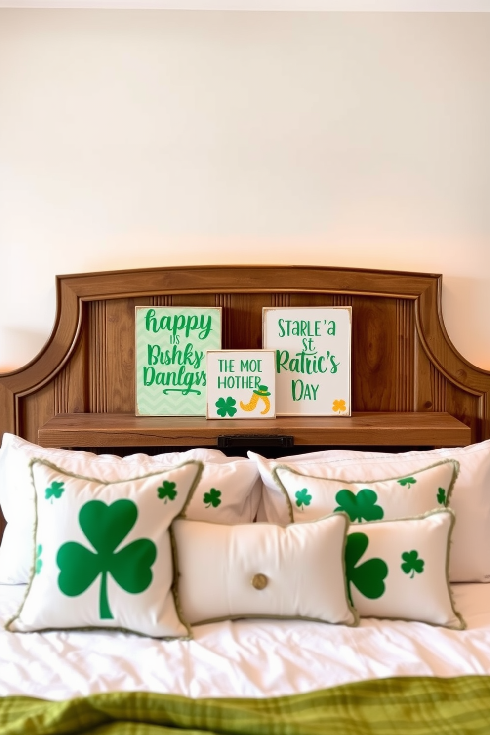 A whimsical bedroom adorned with wall decals of leprechauns and clovers creates a festive atmosphere for St. Patrick's Day. The walls are painted in a soft pastel hue, complementing the vibrant green of the decals and enhancing the playful theme.