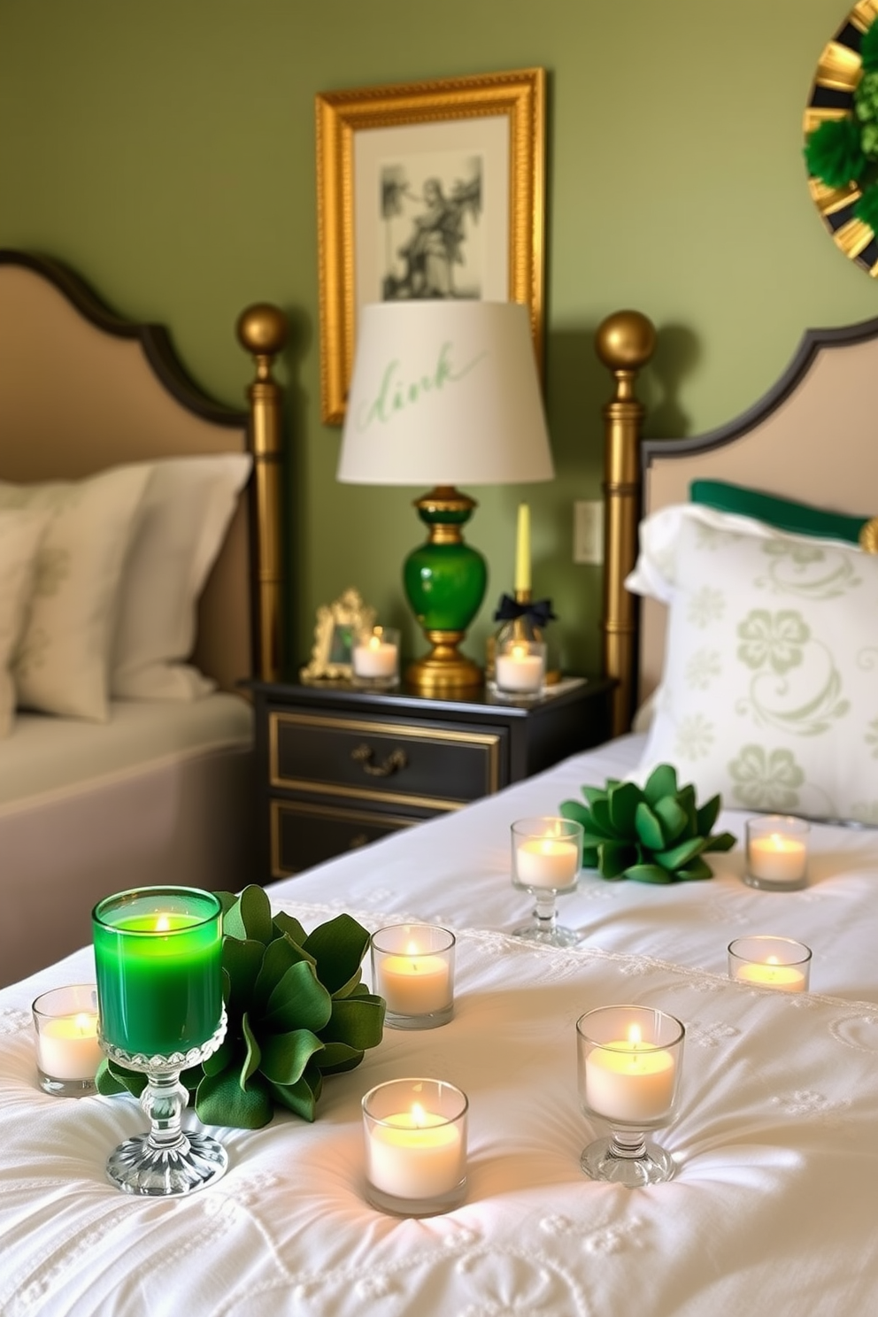 A cozy bedroom featuring a green and white striped bedspread draped over a plush bed. The room is adorned with festive St. Patrick's Day decorations, including shamrock-themed pillows and a cheerful garland hanging above the headboard.