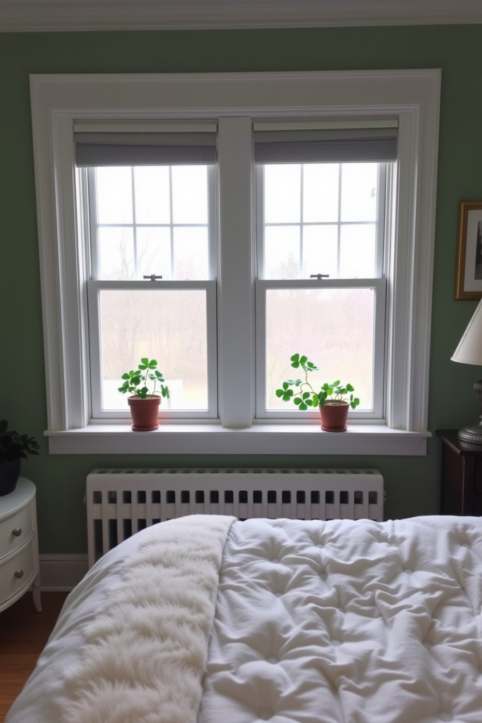 A cozy bedroom adorned with Irish themed artwork on the walls, showcasing vibrant landscapes and traditional symbols. The decor features soft green and gold accents, creating a festive atmosphere for St. Patrick's Day.