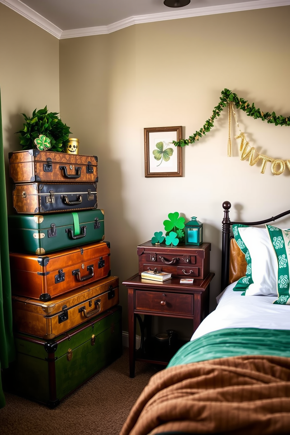 A vibrant table runner in shades of green and gold stretches across a rustic wooden dining table. Adorned with small shamrocks and festive patterns, it sets the perfect tone for a St. Patrick's Day celebration. In the bedroom, plush green pillows are arranged on a white duvet cover, complemented by a cozy throw blanket featuring traditional Celtic designs. A few decorative accents like gold-framed artwork and a small potted shamrock plant complete the festive look.