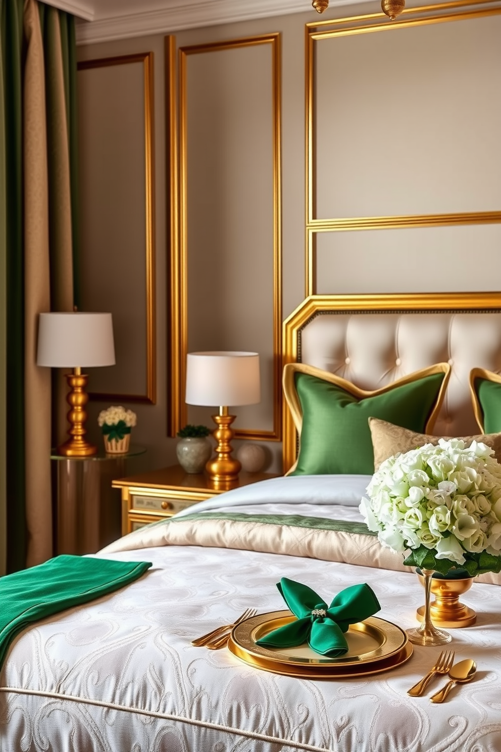 A cozy reading nook featuring a plush armchair in a rich emerald green fabric. A small side table holds a steaming cup of tea and a stack of well-loved books, while a soft throw blanket drapes over the armchair. The bedroom is adorned with festive St. Patrick's Day decorations, including green and gold accents throughout. A whimsical garland of shamrocks hangs above the bed, and decorative pillows with Celtic patterns add a touch of charm.