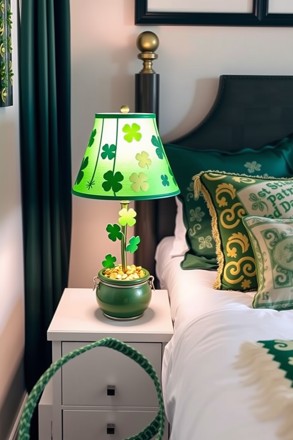 A cozy bedroom adorned with hanging paper lanterns in various green shades. The soft glow of the lanterns creates a warm and inviting atmosphere, perfect for St. Patrick's Day festivities.