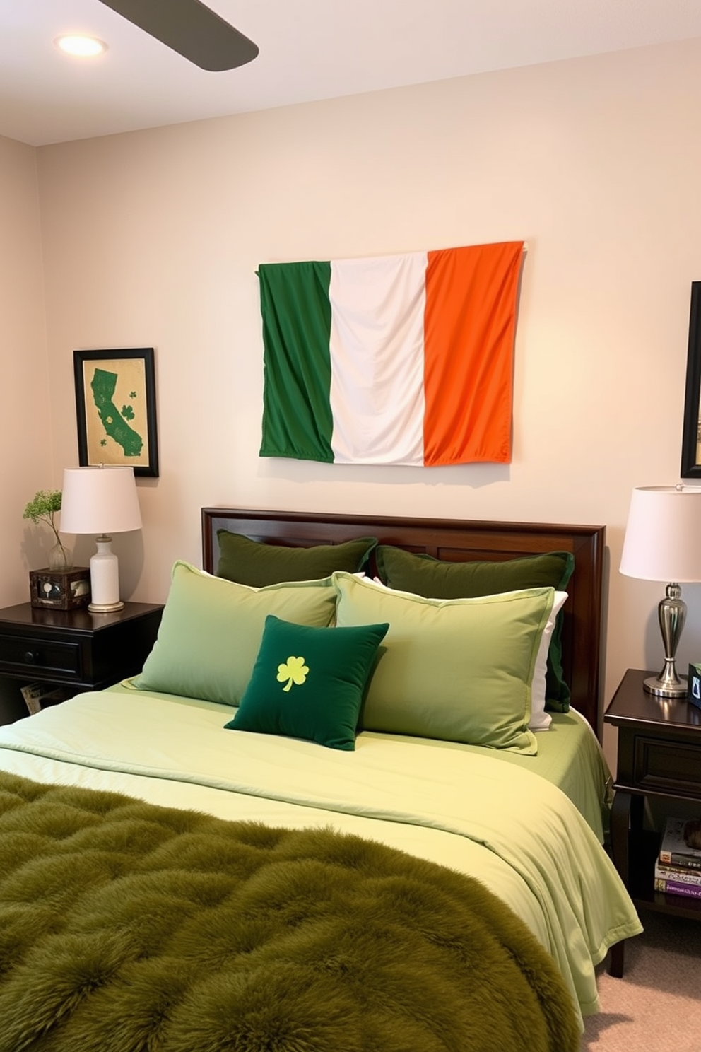 A cozy bedroom featuring a lucky clover themed bedding set in vibrant shades of green and white. The duvet cover showcases a playful pattern of clovers while the pillows are adorned with subtle gold accents. The walls are painted a soft cream color, creating a warm and inviting atmosphere. A small wooden nightstand holds a decorative lamp with a green shade, complementing the festive theme.