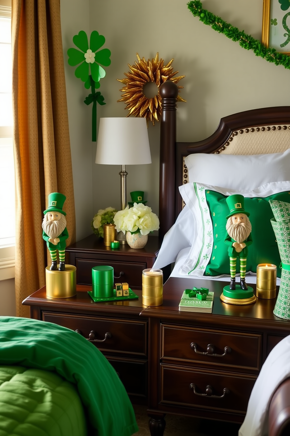 A serene bedroom setting adorned with gold accents that bring a touch of elegance. The bed is dressed in luxurious white linens with gold-trimmed pillows, and a stylish gold-framed headboard serves as a focal point. For St. Patrick's Day, the room features subtle green decor elements. Shamrock-patterned throw pillows and a festive green garland drape over the headboard, creating a cheerful yet sophisticated atmosphere.