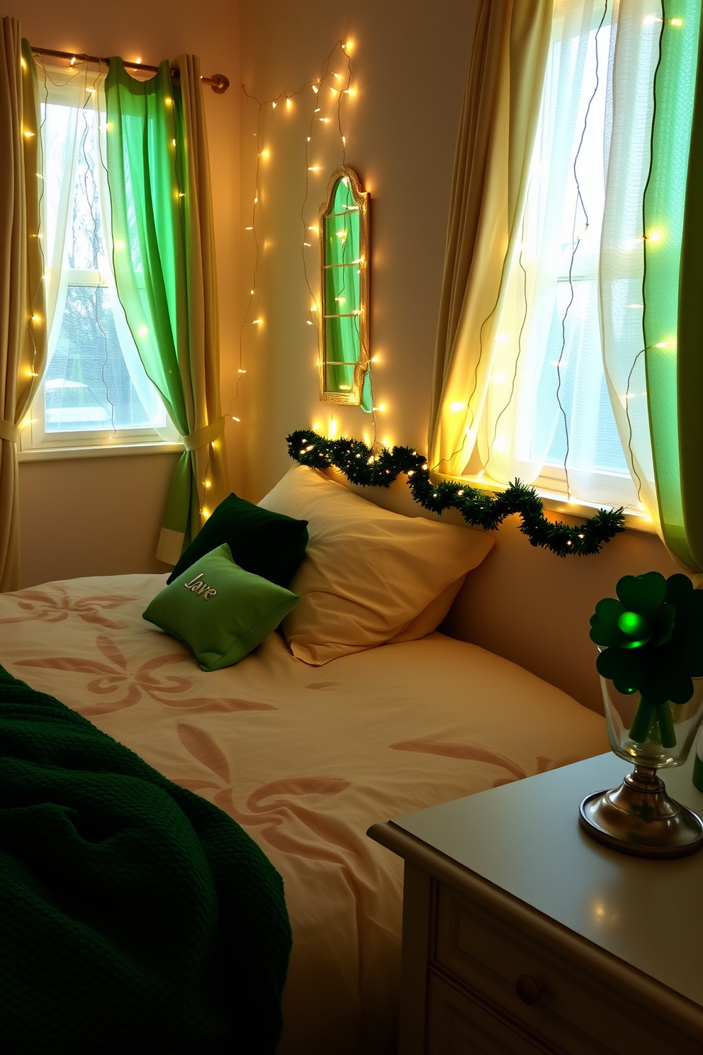 A cozy bedroom adorned with string lights in the shape of shamrocks. The soft glow of the lights creates a festive atmosphere, complementing the green and gold St. Patrick's Day decorations throughout the space.