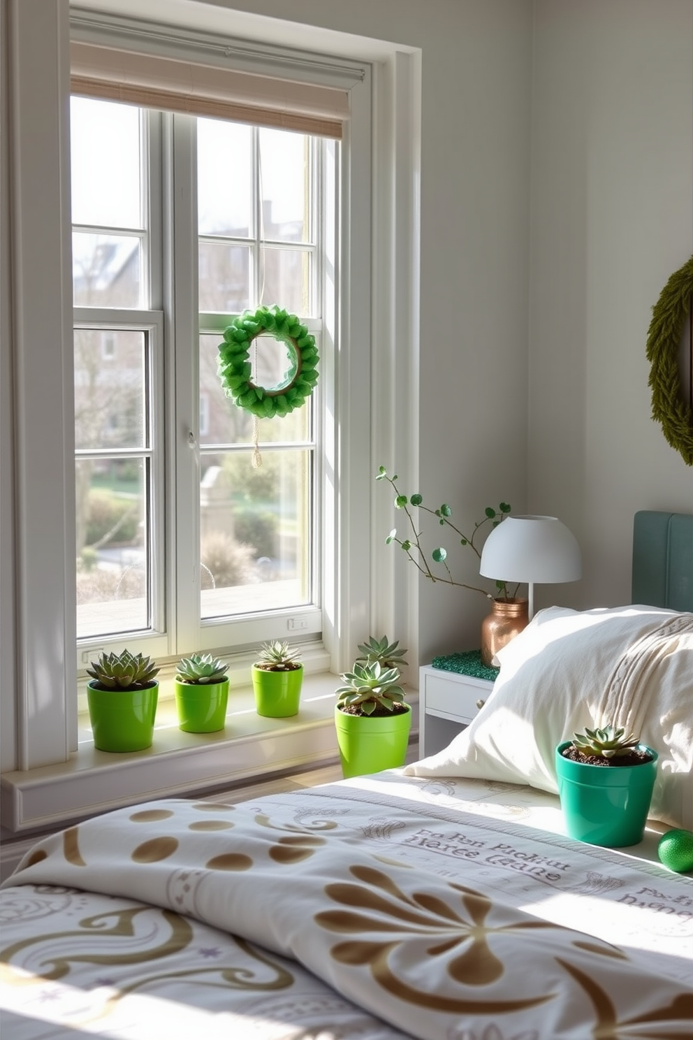 A serene bedroom setting adorned with decorative green and gold vases that bring a touch of elegance to the space. The vases are strategically placed on nightstands and dressers, enhancing the festive St. Patrick's Day atmosphere with fresh flowers and greenery.