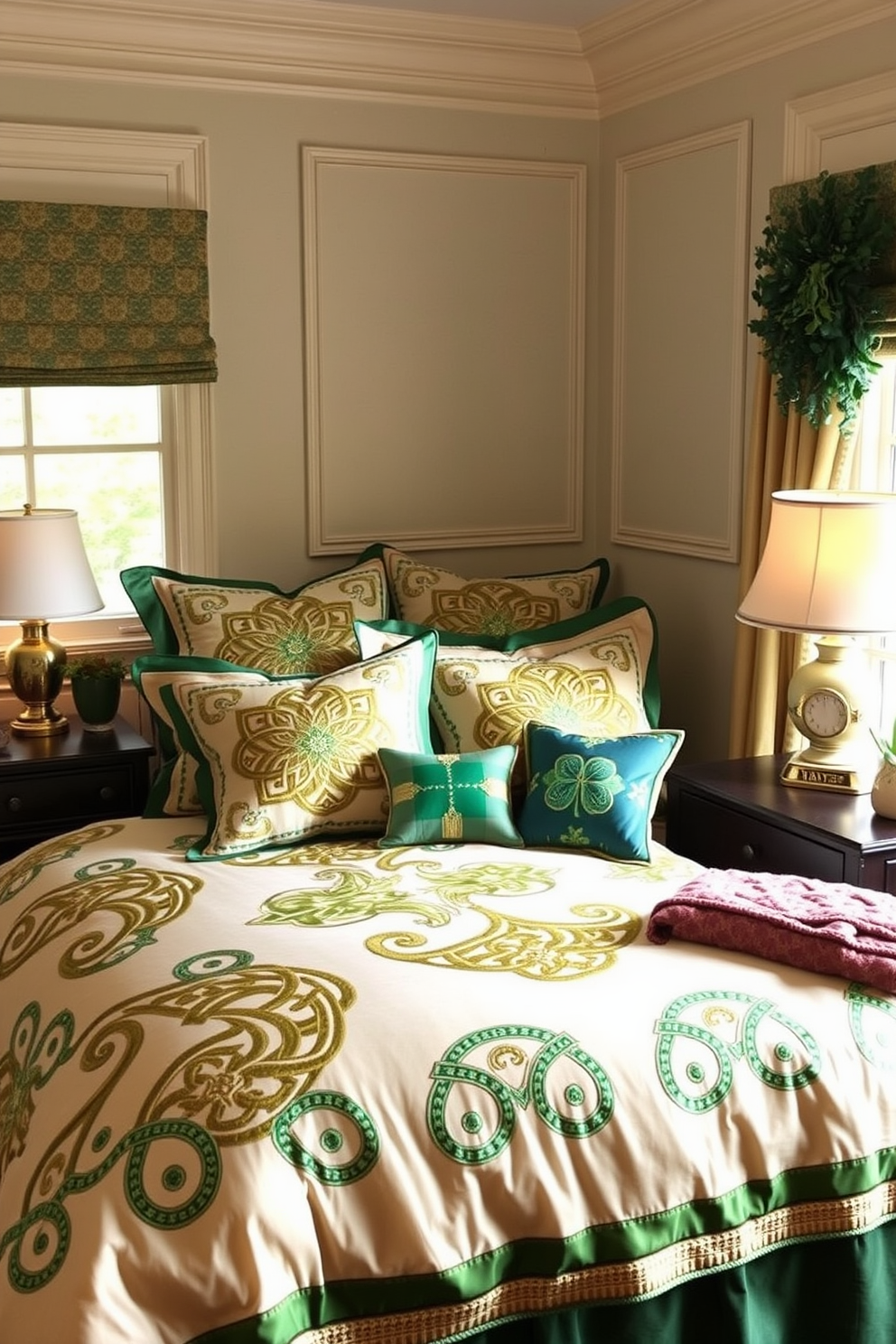 A serene bedroom setting adorned with green curtains that flow elegantly from the ceiling to the floor. The curtains complement the overall St. Patrick's Day theme with their rich emerald hue, creating a cozy and inviting atmosphere. A plush bed is dressed in soft white linens, accented with green and gold throw pillows. Decorative elements like shamrock-themed artwork and a small potted plant add a festive touch to the space.