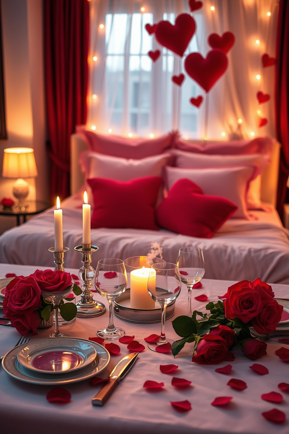 A cozy bedroom adorned with romantic fairy lights draped gently above the bed. The soft glow of the lights creates an intimate atmosphere, complemented by plush pillows and a warm color palette.