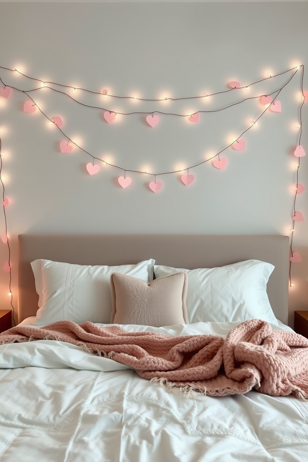 Heart garlands are elegantly draped across the walls of the bedroom creating a romantic atmosphere. Soft pastel colors enhance the cozy vibe, with plush pillows and a warm throw blanket adorning the bed.