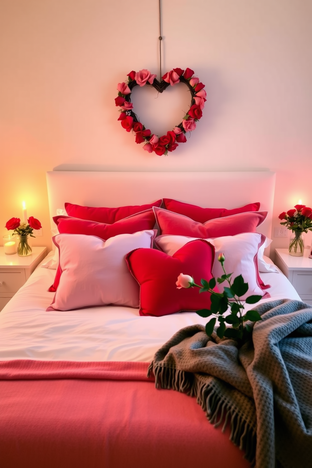 A serene bedroom setting designed for Valentine's Day. The bed is adorned with plush red and pink pillows, and a delicate heart-shaped wreath hangs above the headboard. Soft candlelight flickers on the nightstands, creating a warm and inviting atmosphere. Fresh roses in a vase sit on one side, while a cozy throw blanket is draped over the foot of the bed.