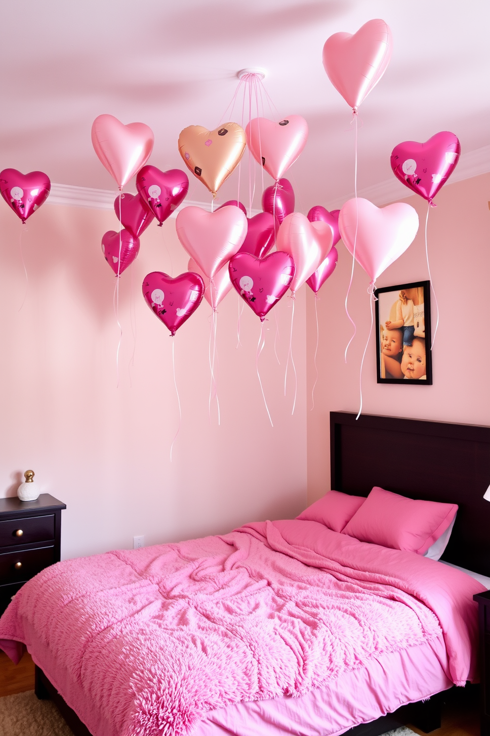 A cozy bedroom adorned with decorative heart-shaped balloons floating gently from the ceiling. The walls are painted in soft pastel colors, and a plush bed covered with a fluffy pink duvet sits in the center of the room.