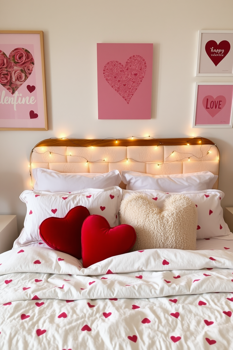 A cozy bedroom adorned with Valentine themed artwork. The walls feature romantic prints in soft pinks and reds, creating a warm and inviting atmosphere. A beautifully made bed is dressed in heart-patterned linens and plush throw pillows. Delicate fairy lights are draped around the headboard, adding a touch of whimsy to the space.