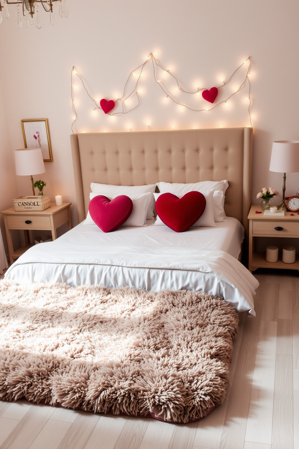 A cozy bedroom adorned with vintage love letters elegantly framed and displayed on the walls. Soft pastel colors dominate the decor, creating a romantic and inviting atmosphere for Valentine's Day.