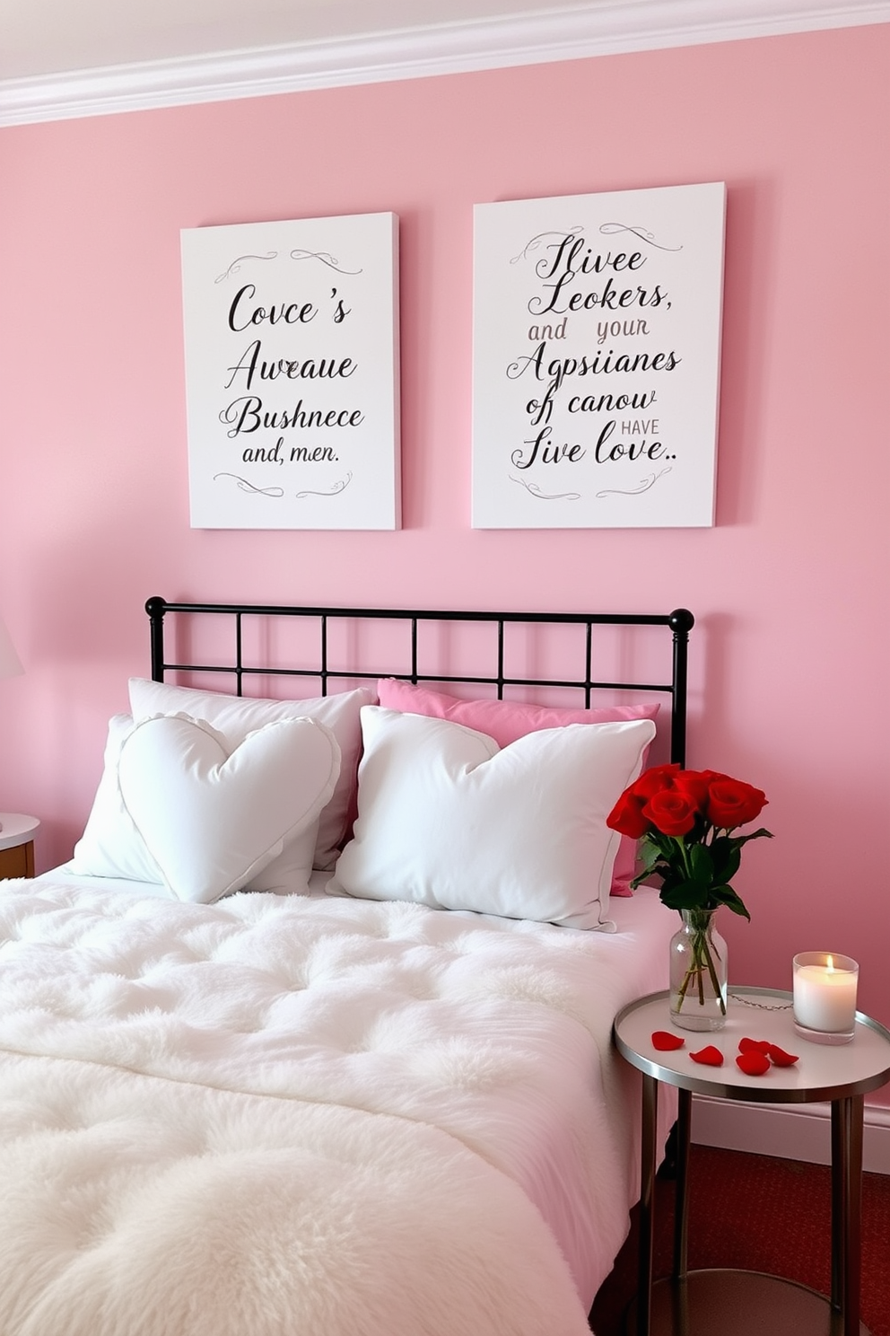 A cozy bedroom setting adorned for Valentine's Day. The walls are painted a soft blush pink, and a plush white comforter covers the bed, accented with heart-shaped pillows. On the wall above the bed, canvas prints feature personalized love quotes in elegant typography. A small bedside table holds a vase of fresh red roses and a candle, creating a romantic atmosphere.