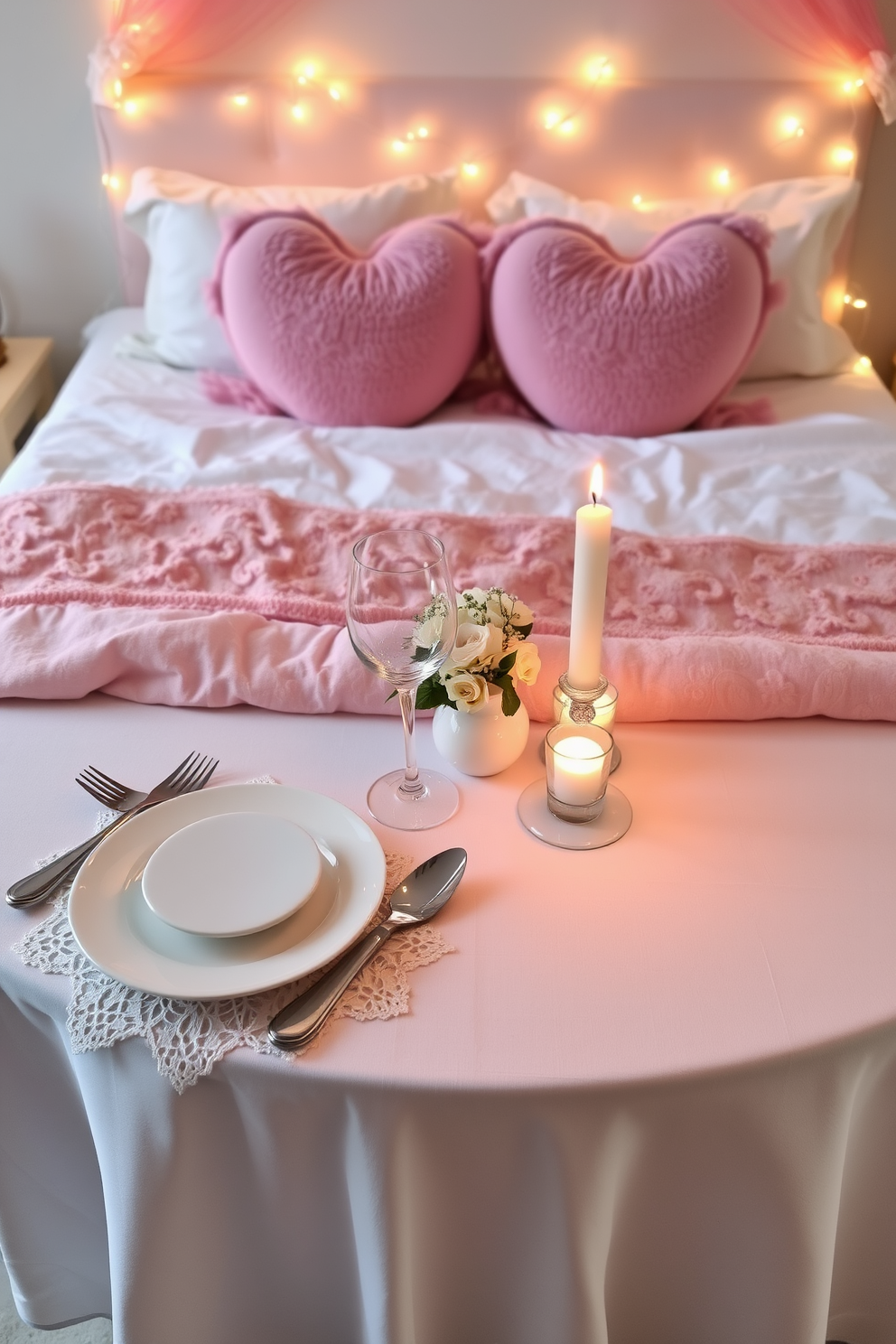 A cozy bedroom adorned with heart-shaped rugs that add warmth and charm to the space. The soft textures of the rugs complement the pastel color palette of the room, enhancing the romantic atmosphere for Valentine's Day.