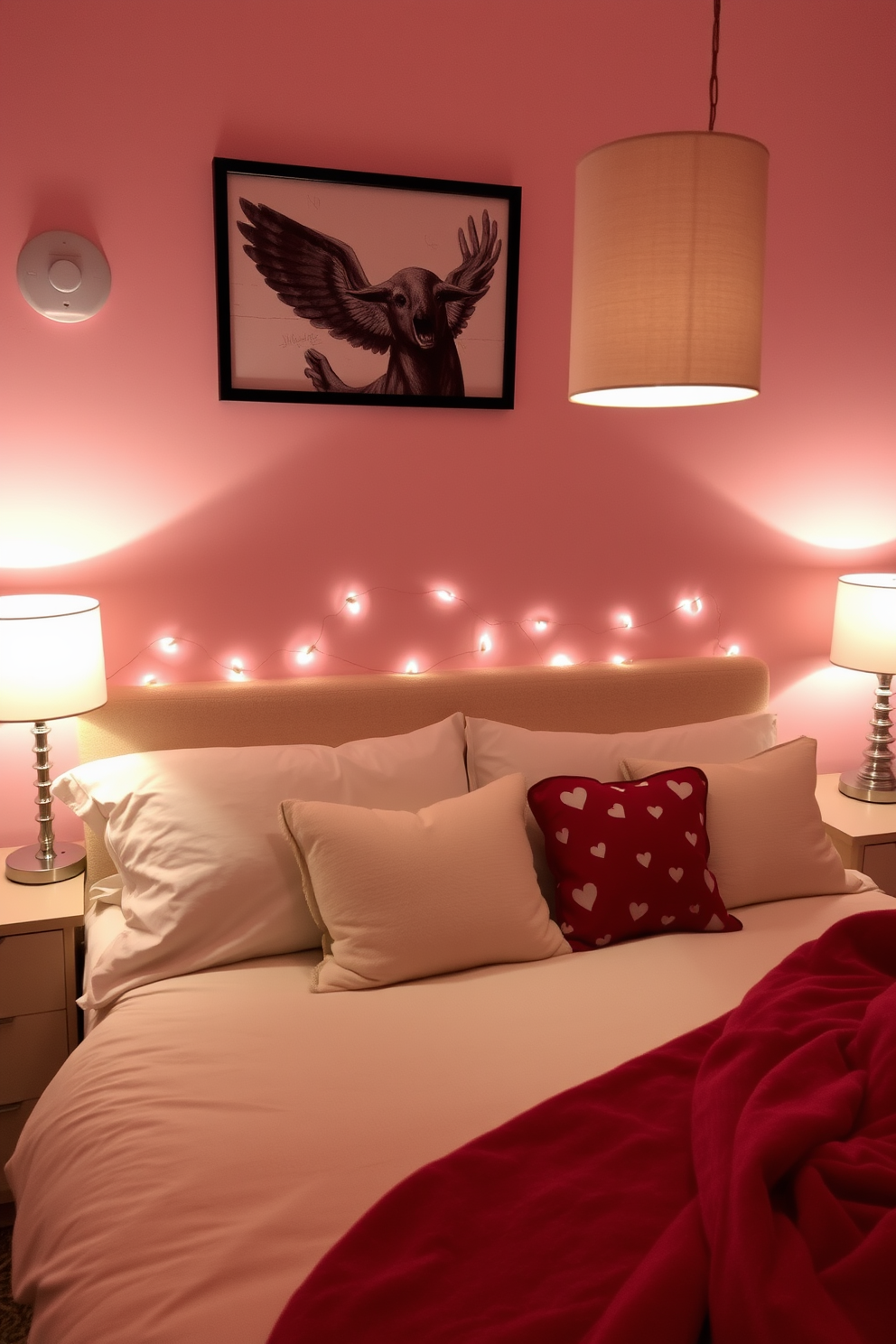 A cozy bedroom setting adorned with soft mood lighting from dimmers and stylish lamps. The walls are painted in a warm blush hue, creating an inviting atmosphere perfect for Valentine's Day. Delicate fairy lights are draped around the headboard, adding a romantic touch. A plush bed is decorated with red and white heart-patterned pillows and a luxurious throw blanket for an extra layer of comfort.