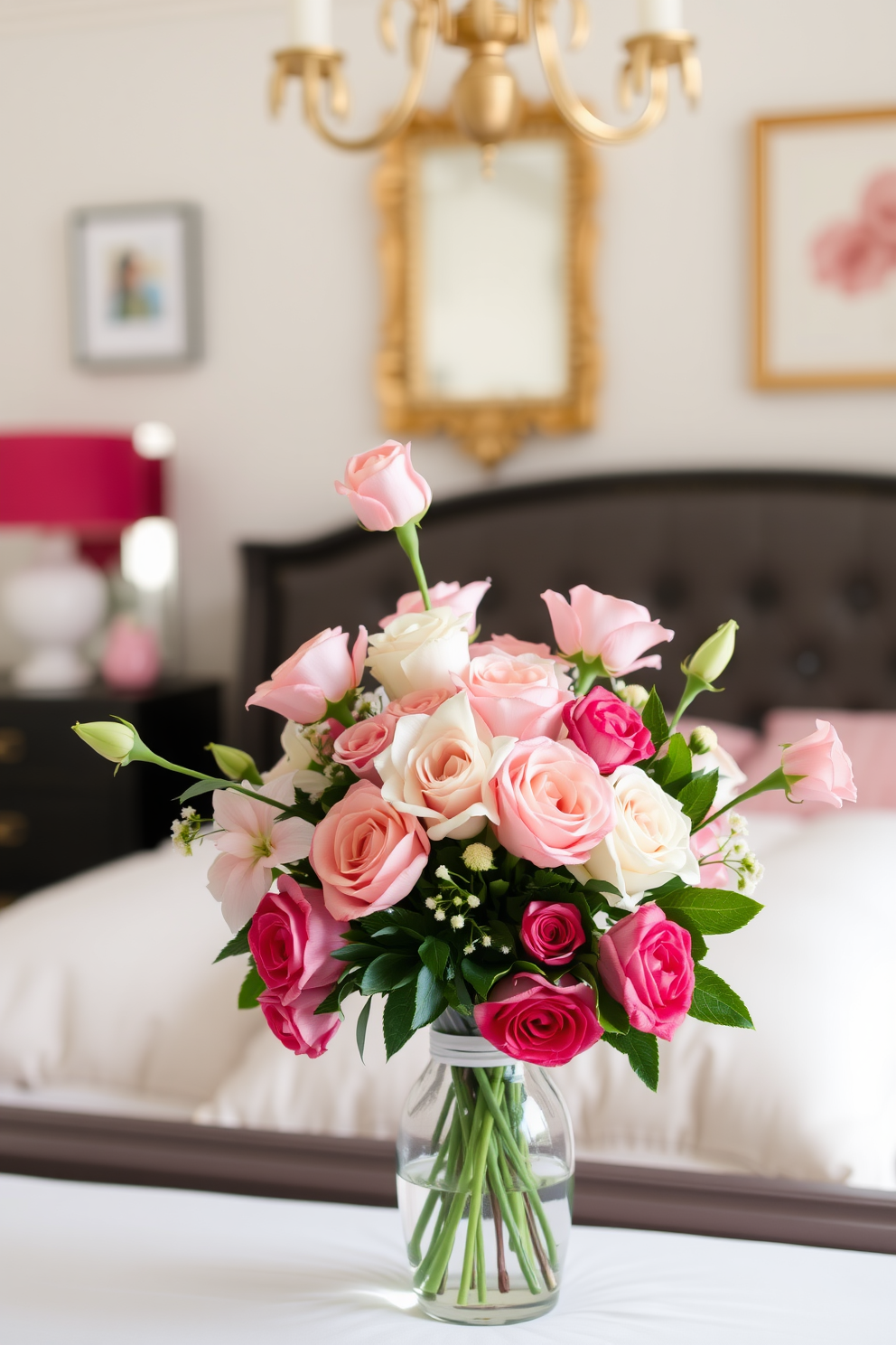 Fresh flowers in a vase serve as a stunning centerpiece in a beautifully arranged bedroom. Soft pink and white blooms are artfully arranged, complementing the romantic ambiance of the Valentine's Day decor.