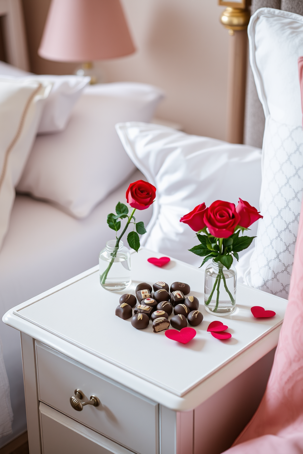 A cozy bedroom setting adorned for Valentine's Day. On the nightstand, an assortment of chocolate treats is elegantly displayed alongside a small bouquet of red roses in a delicate vase.