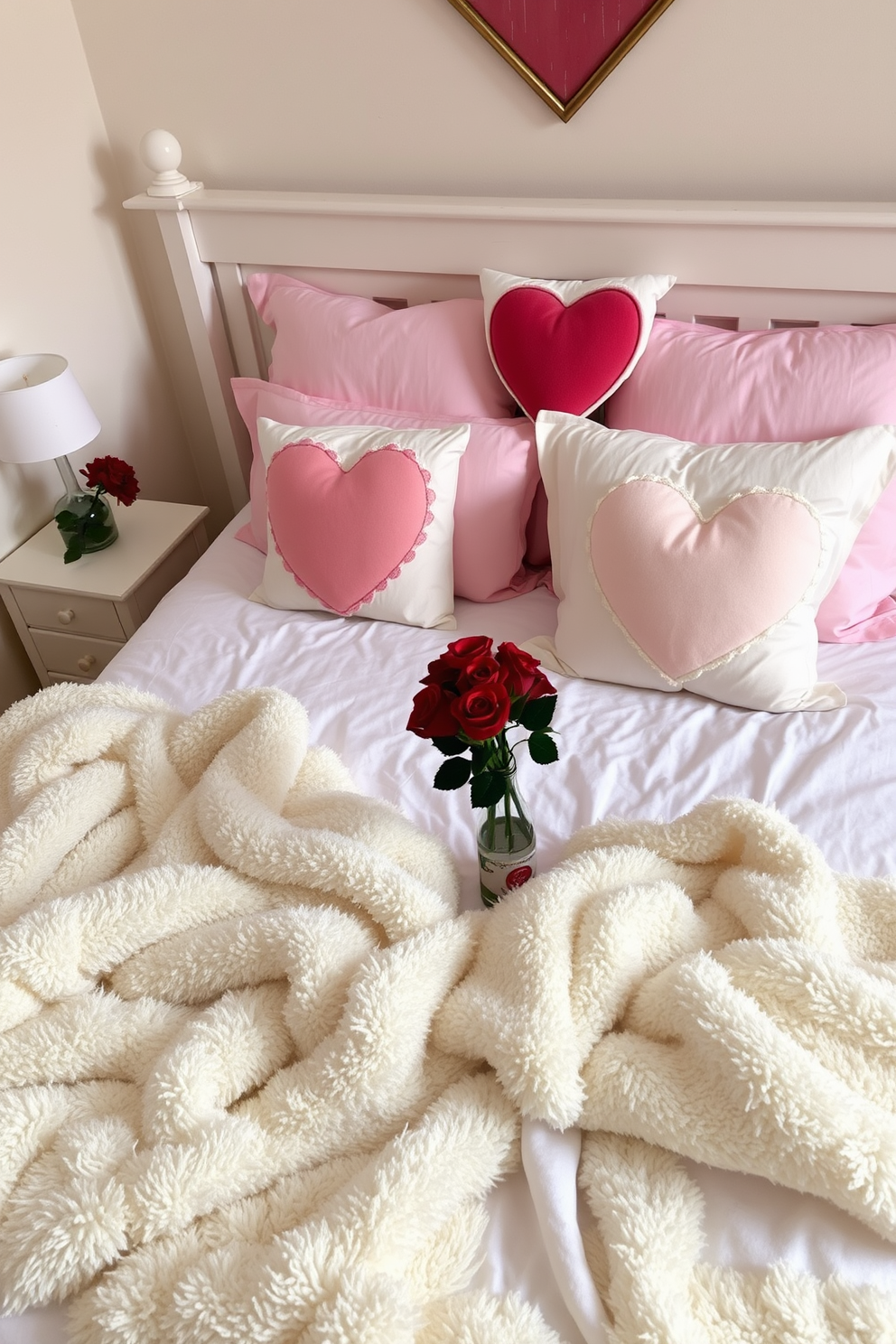 A cozy bedroom setting adorned with heart-shaped pillows on the bed. The bedding features soft pastel colors that create a romantic atmosphere perfect for Valentine's Day. Fluffy white blankets are casually draped over the foot of the bed, adding texture and warmth. A small bedside table holds a vase with fresh red roses and a flickering candle for an intimate touch.