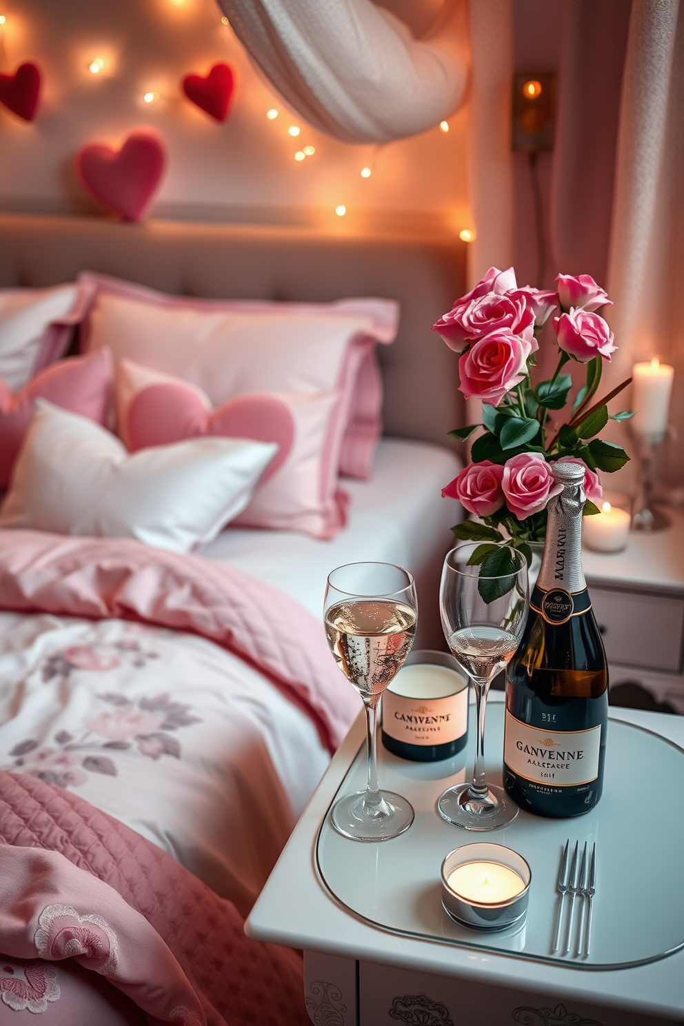 A cozy bedroom setting adorned with romantic plush throw blankets draped over elegant chairs. Soft pastel colors dominate the decor, creating a warm and inviting atmosphere perfect for Valentine's Day celebrations.