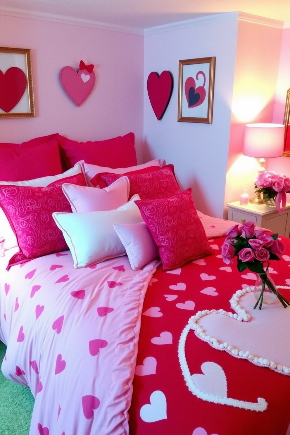 A cozy bedroom adorned with themed bedding in vibrant colors that celebrate Valentine's Day. The bed is dressed with a red and pink heart-patterned duvet cover, complemented by an array of plush pillows in various shades of pink and white. Soft, ambient lighting casts a warm glow over the space, enhancing the romantic atmosphere. Decorative accents like heart-shaped wall art and a bouquet of fresh roses on the nightstand complete the enchanting look.