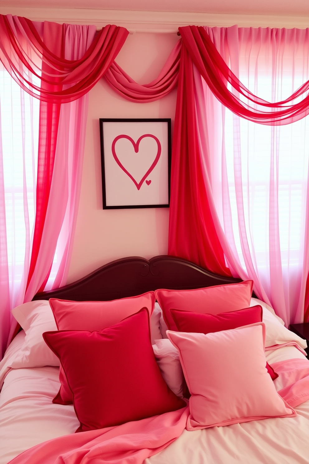 A cozy bedroom adorned with curtains in shades of red and pink. The soft fabric drapes elegantly around the windows, adding warmth and romance to the space. Decorative pillows in complementary colors are scattered across the bed. A heart-themed artwork hangs above the headboard, enhancing the Valentine's Day ambiance.