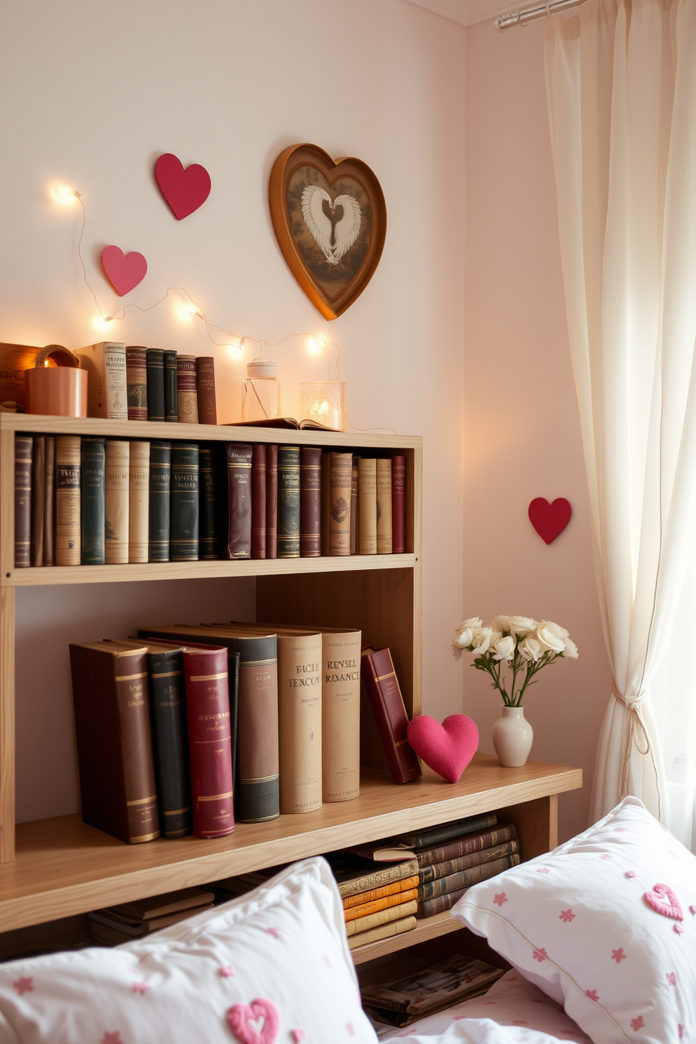 A cozy bedroom filled with vintage romance novels neatly arranged on a wooden shelf. Soft pastel colors adorn the walls, while heart-shaped decorations and delicate fairy lights create a warm, inviting atmosphere for Valentine's Day.