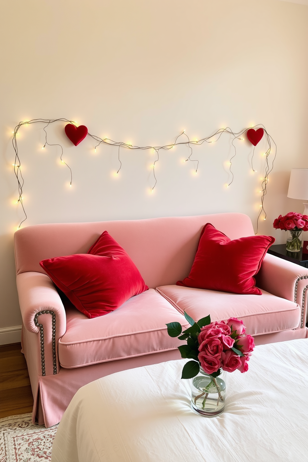 A cozy bedroom setting adorned with soft pastel colors. A large bed is centered against the wall, draped in fluffy white linens and accented with heart-shaped pillows. Strings of fairy lights hang above the bed, creating a romantic ambiance. A small table beside the bed holds a vase filled with fresh red roses and a box of chocolates.