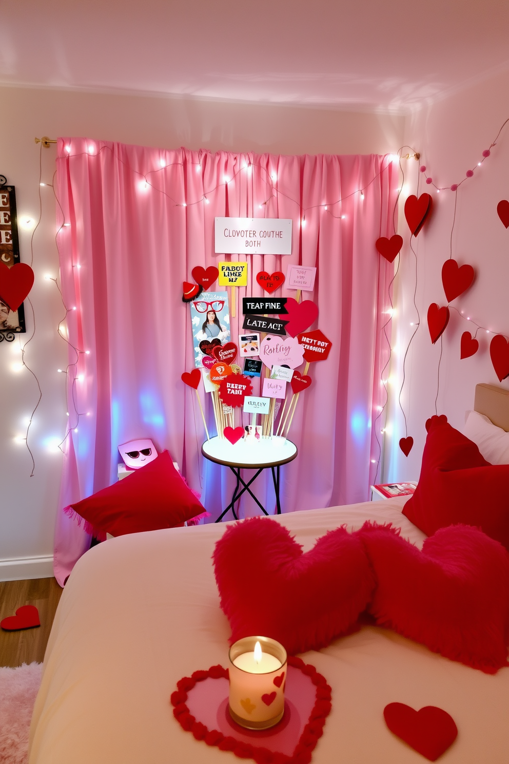 A cozy DIY photo booth corner is set up with a backdrop of soft pink curtains and fairy lights twinkling softly. A variety of fun props including heart-shaped glasses, colorful hats, and playful signs are arranged on a small table nearby. The bedroom is adorned with romantic Valentine's Day decorations featuring plush red and pink pillows scattered across the bed. Heart-shaped garlands hang from the walls, and a scented candle flickers gently on the nightstand, creating an inviting atmosphere.