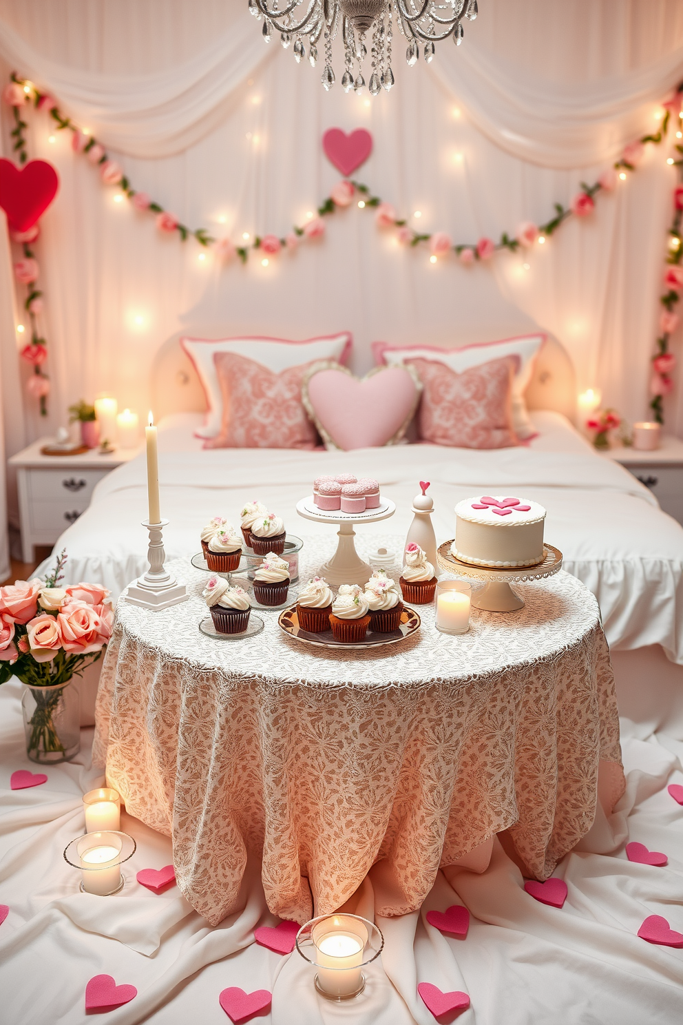 Create a romantic sweetheart table set for a dessert display. The table is adorned with a lace tablecloth and features an array of elegantly arranged desserts, including cupcakes and a heart-shaped cake. Surround the table with soft candlelight and delicate floral arrangements in pastel colors. The backdrop showcases a dreamy, softly lit bedroom decorated with Valentine's Day themed accents like heart-shaped pillows and garlands.