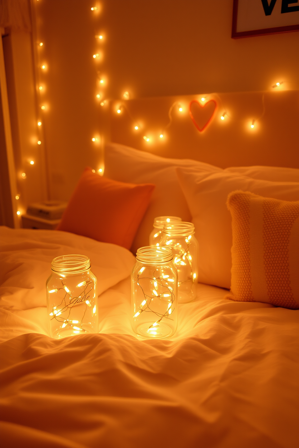 A cozy bedroom setting adorned with warm fairy lights placed in glass jars. The soft glow of the lights creates a romantic atmosphere, perfect for Valentine's Day celebrations.