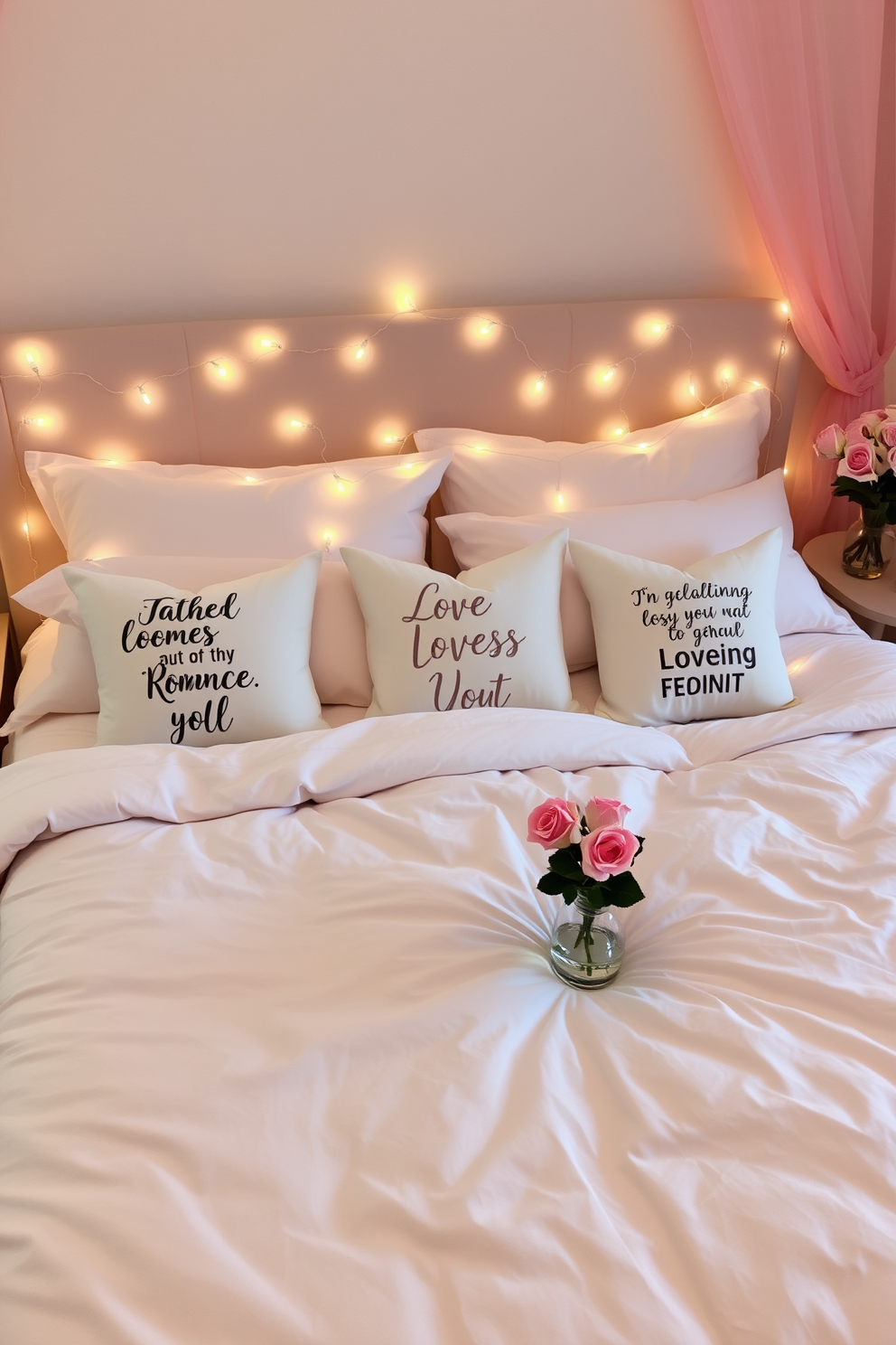 A cozy bedroom setting adorned for Valentine's Day. Soft mood lighting from dimmer switches creates a romantic atmosphere, with warm light gently illuminating the space. Delicate heart-shaped decorations hang from the walls, and a plush red throw blanket is draped over the bed. Fresh flowers in a vase sit on the nightstand, adding a touch of color and fragrance to the room.