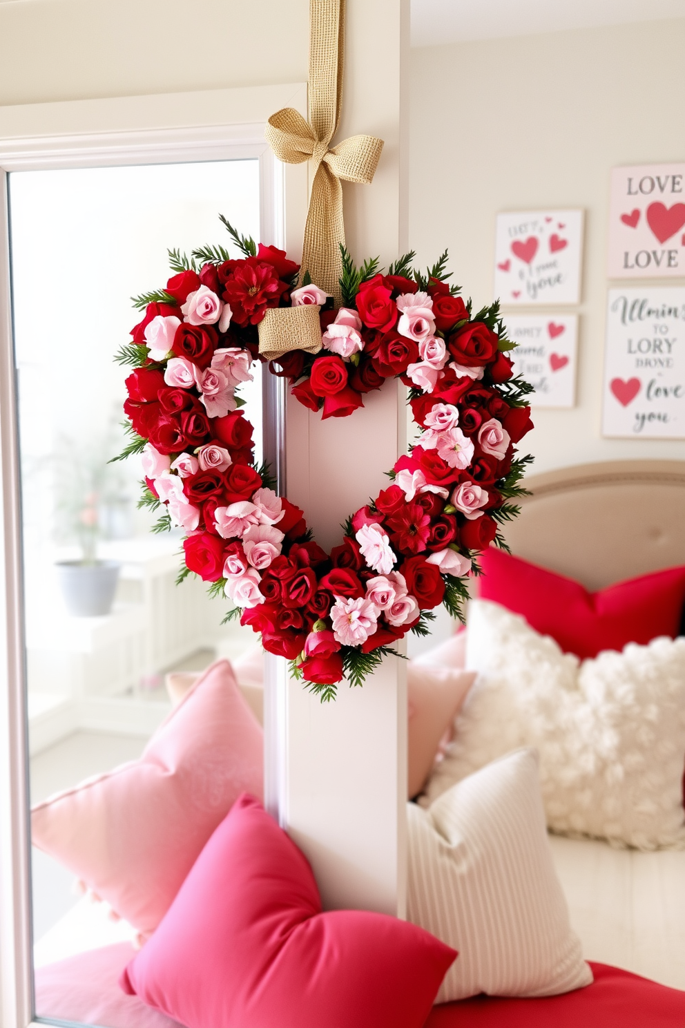 A heart-shaped wreath made of red and pink flowers adorns the front door, welcoming guests with a festive touch. The wreath is complemented by a soft burlap bow that adds a rustic charm to the entrance. Inside the bedroom, a cozy atmosphere is created with plush throw pillows in shades of red and white scattered across the bed. Romantic wall art featuring hearts and love quotes enhances the Valentine's Day theme, making the space feel warm and inviting.