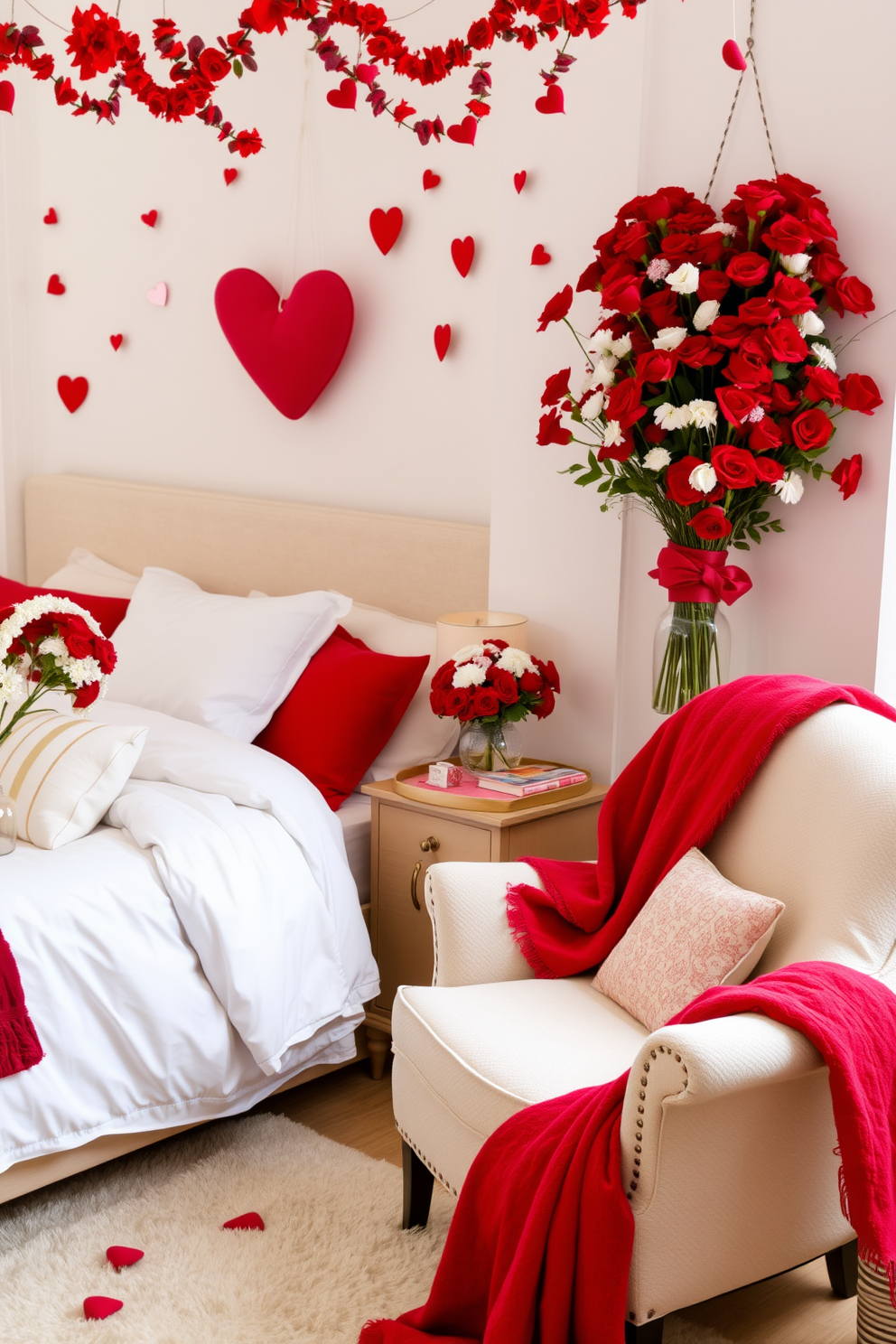 A romantic bedroom setting adorned with red and white floral arrangements. The bed is dressed in soft white linens with red accent pillows, and fresh flowers are placed in a vase on the nightstand. Delicate red and white decorations are scattered throughout the room, creating a festive ambiance for Valentine's Day. A cozy reading nook features a plush chair draped with a red throw blanket, inviting relaxation and romance.