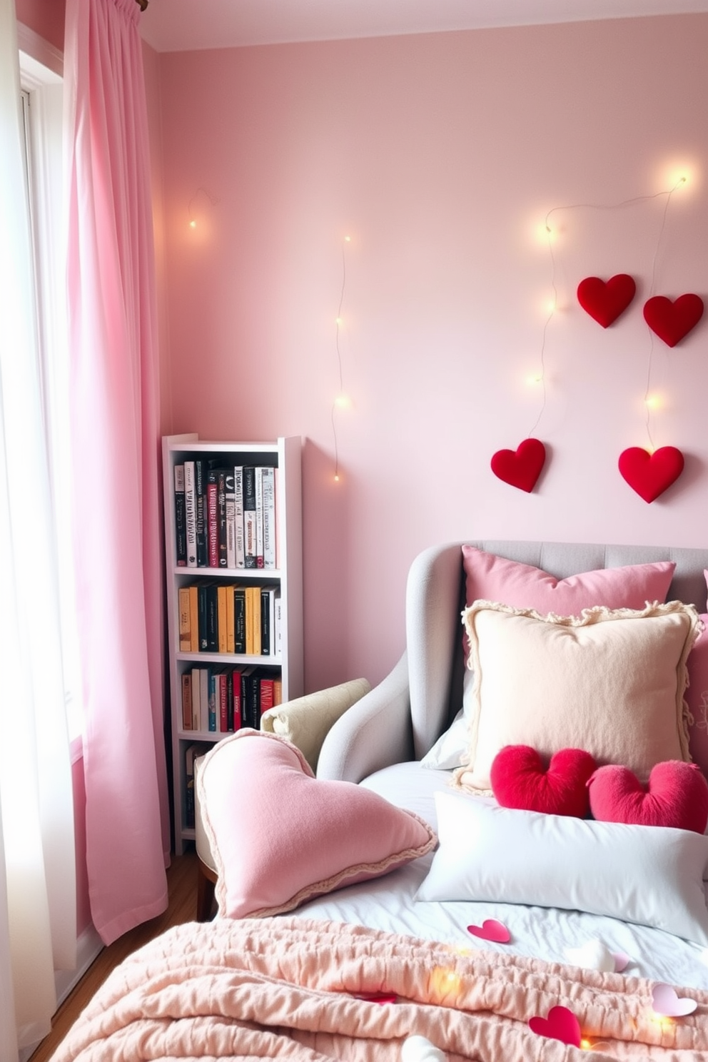 A cozy reading nook with plush cushions and a large window allowing natural light to flood the space. A small bookshelf filled with colorful books stands beside a comfortable armchair, inviting relaxation and quiet reading moments. Bedroom Valentines Day decorating ideas featuring soft pink and red accents throughout the room. Heart-shaped pillows are arranged on the bed, and delicate fairy lights create a warm, romantic ambiance.