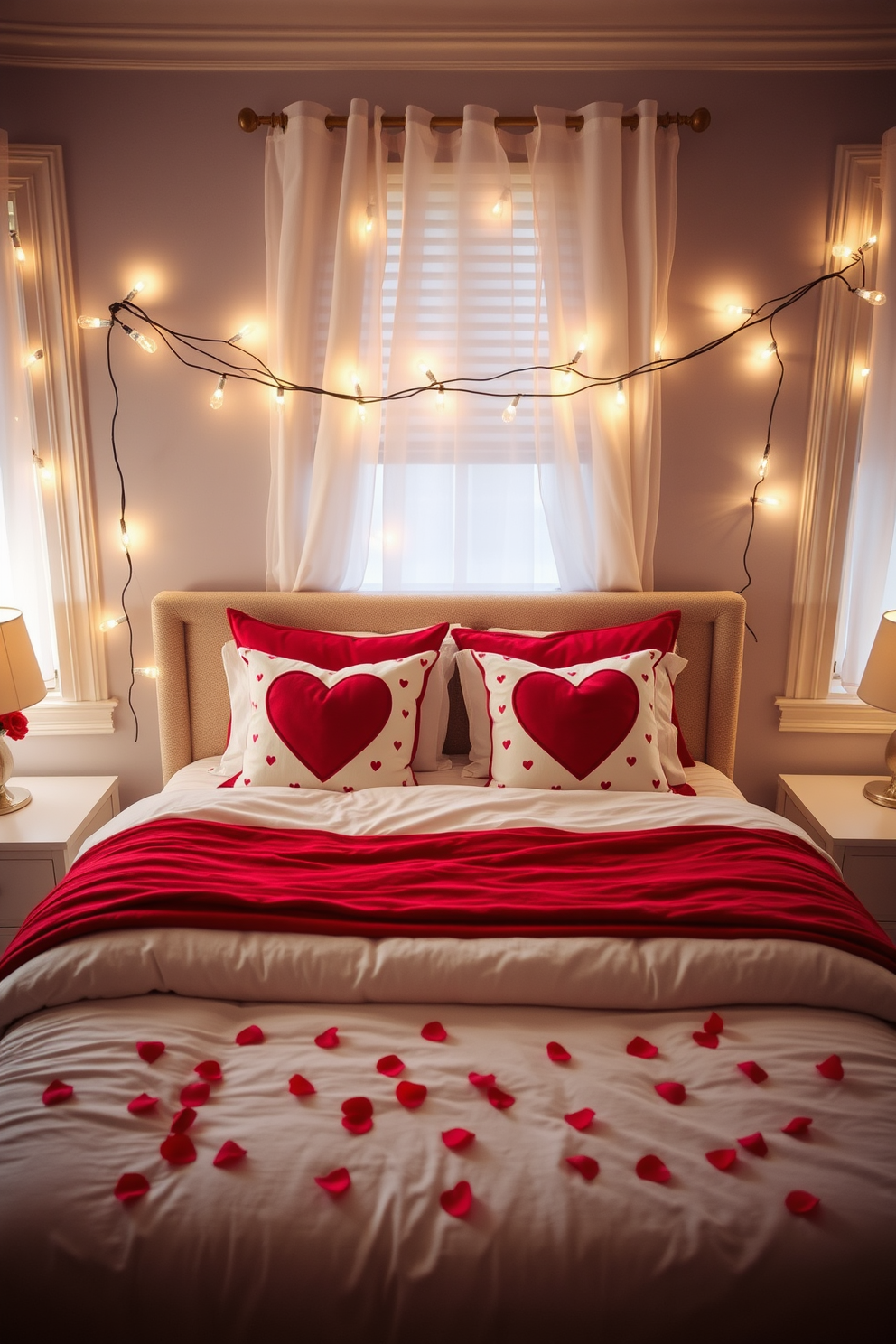 Create a cozy bedroom atmosphere decorated for Valentine's Day. The room features string lights with soft glowing bulbs draped across the headboard and around the windows, casting a warm and inviting glow. A plush bed is adorned with heart-patterned pillows and a red throw blanket. Delicate rose petals are scattered across the bed and the nightstands, enhancing the romantic ambiance.