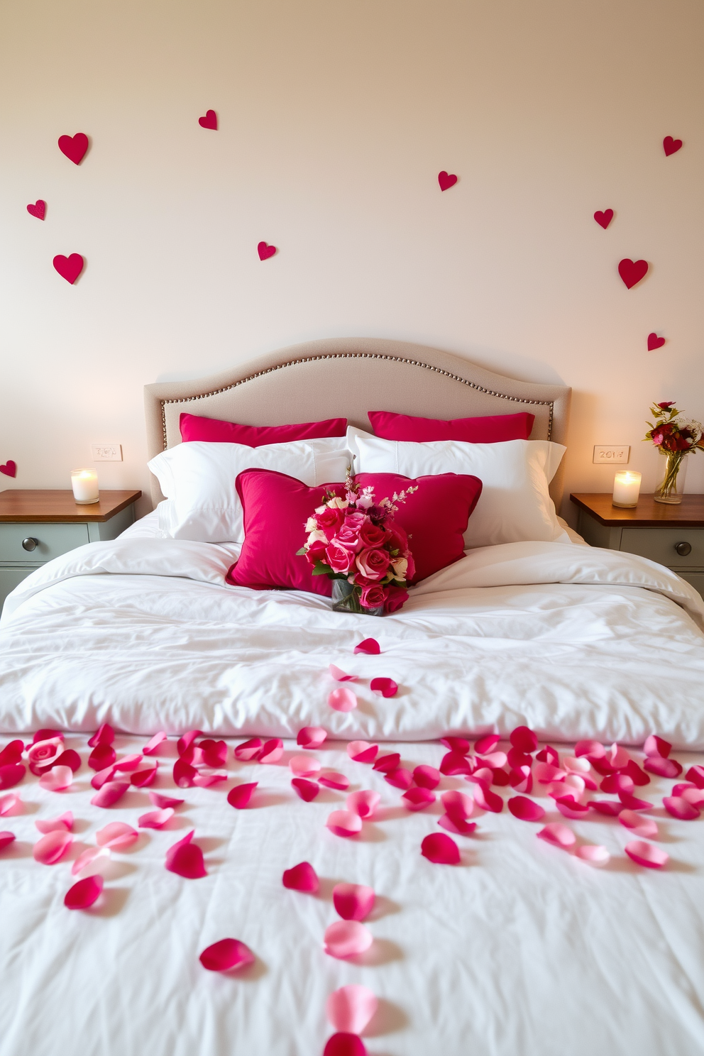 A romantic bedroom setting adorned for Valentine's Day. A delicate rose petal path leads to a beautifully made bed with plush pillows and soft, inviting linens. Soft candlelight flickers on the nightstands, creating an intimate atmosphere. The walls are decorated with subtle heart motifs, and fresh flowers in a vase add a touch of elegance.