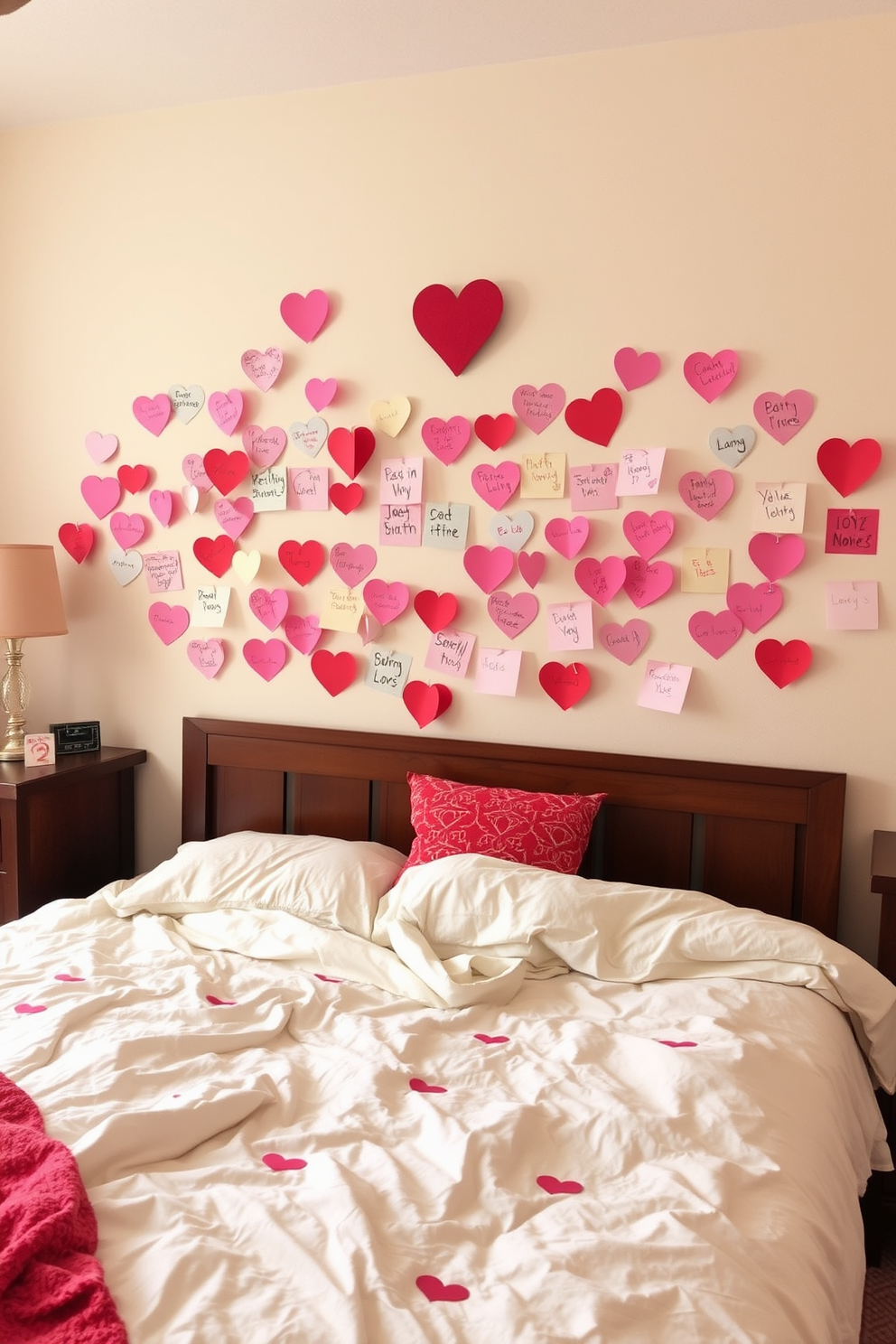 A cozy bedroom adorned with DIY love notes creatively pinned on the wall. The notes are in various colors and sizes, adding a personal touch to the romantic atmosphere for Valentine's Day.